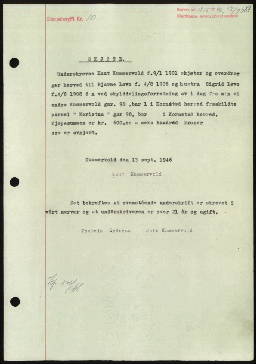 Nordmøre sorenskriveri, SAT/A-4132/1/2/2Ca: Pantebok nr. A102, 1946-1946, Dagboknr: 1815/1946