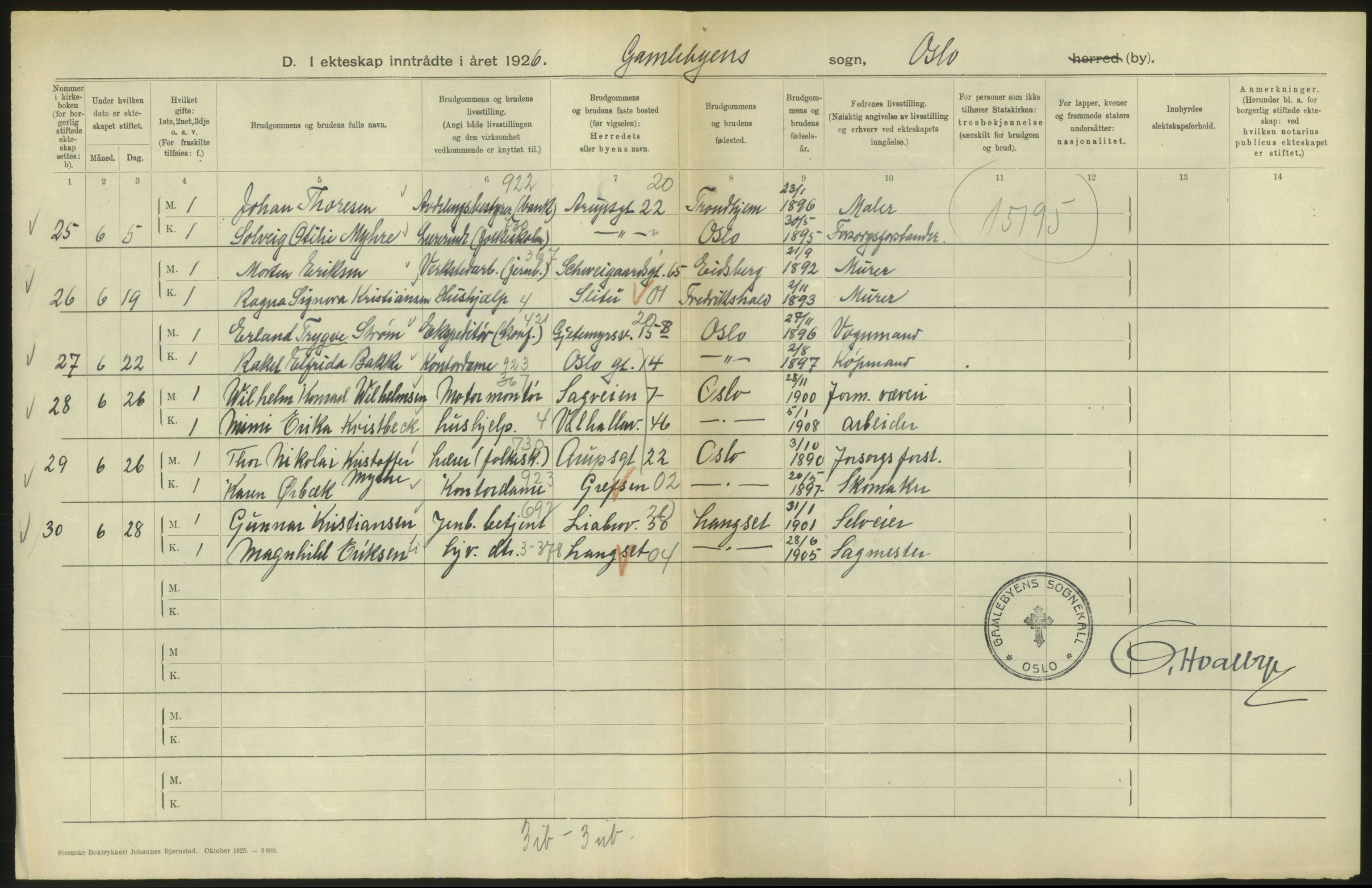 Statistisk sentralbyrå, Sosiodemografiske emner, Befolkning, AV/RA-S-2228/D/Df/Dfc/Dfcf/L0008: Oslo: Gifte, 1926, s. 504