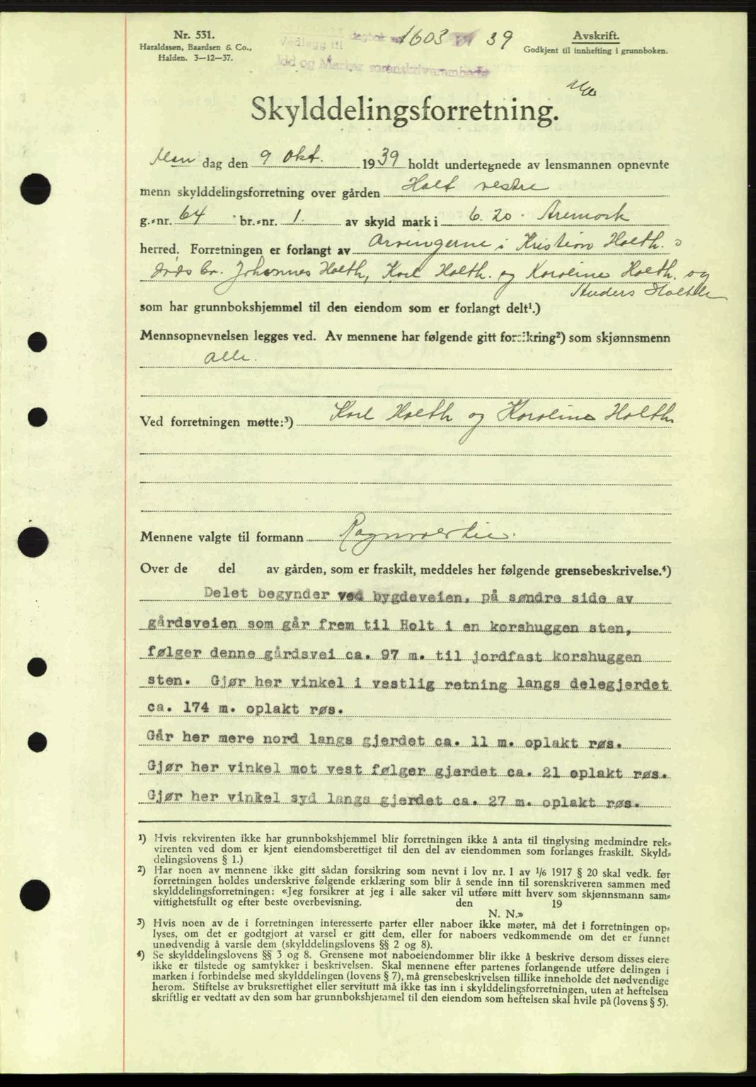 Idd og Marker sorenskriveri, AV/SAO-A-10283/G/Gb/Gbb/L0003: Pantebok nr. A3, 1938-1939, Dagboknr: 1603/1939