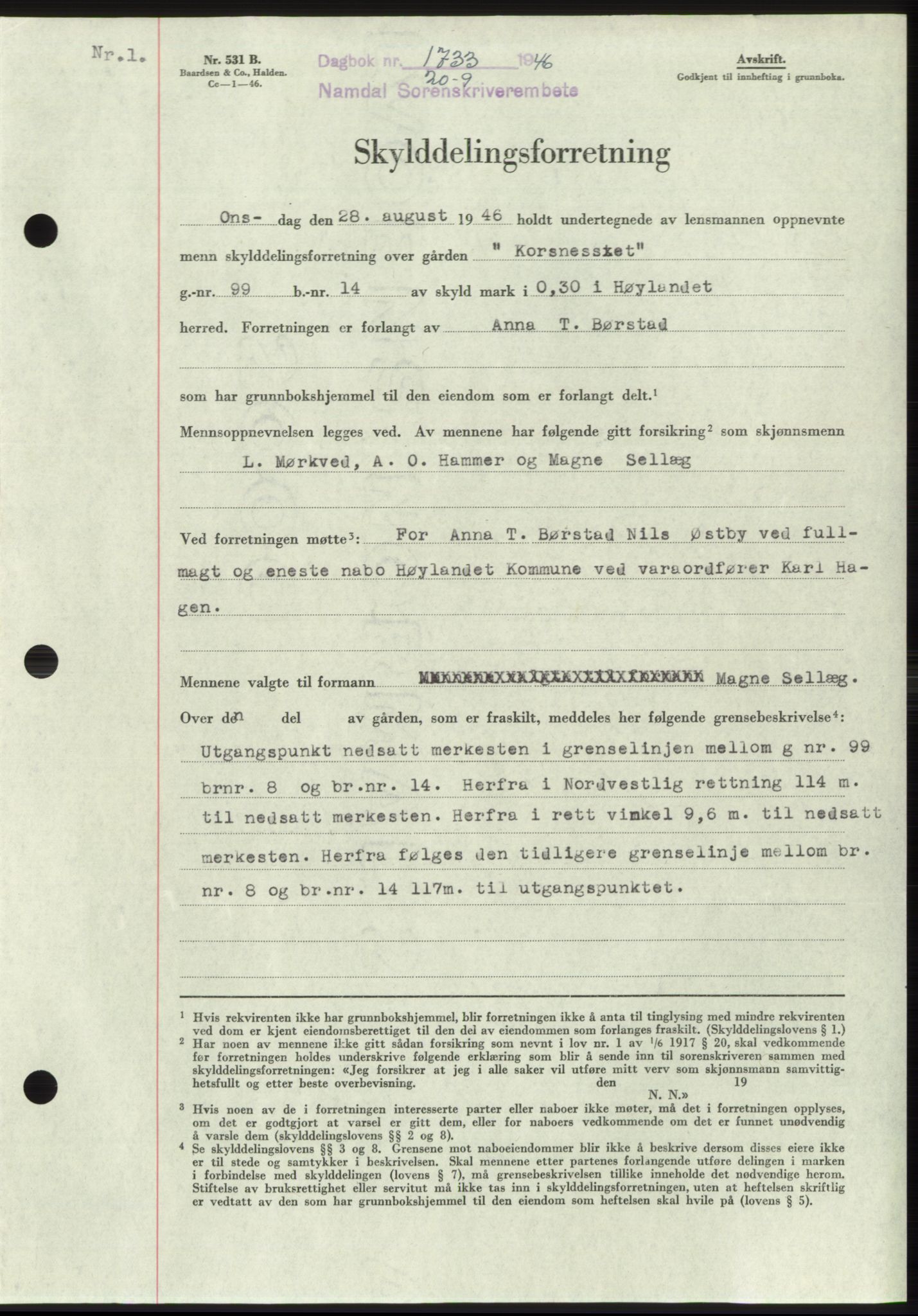 Namdal sorenskriveri, SAT/A-4133/1/2/2C: Pantebok nr. -, 1946-1947, Dagboknr: 1733/1946