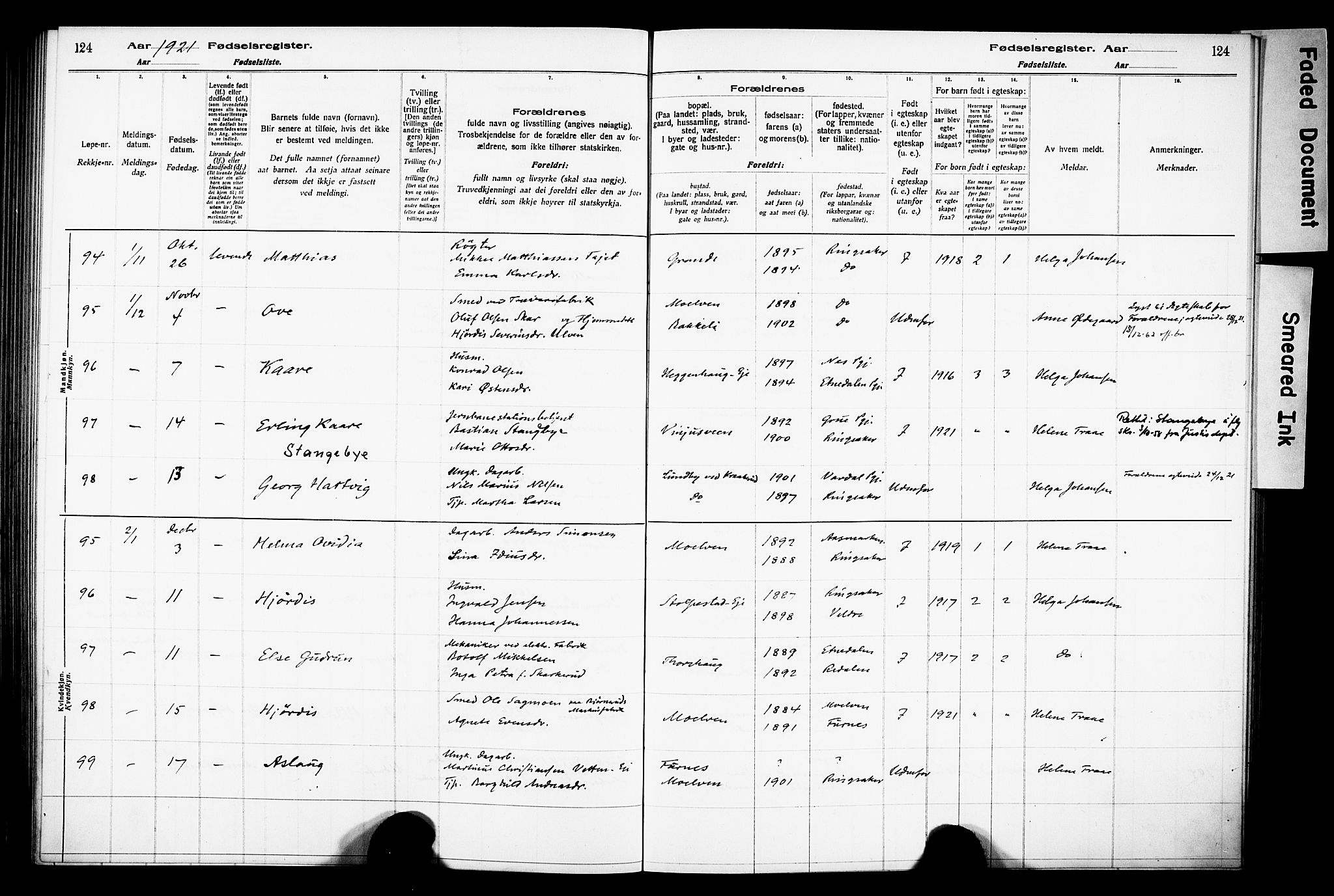 Ringsaker prestekontor, AV/SAH-PREST-014/O/Oa/L0001: Fødselsregister nr. 1, 1916-1925, s. 124