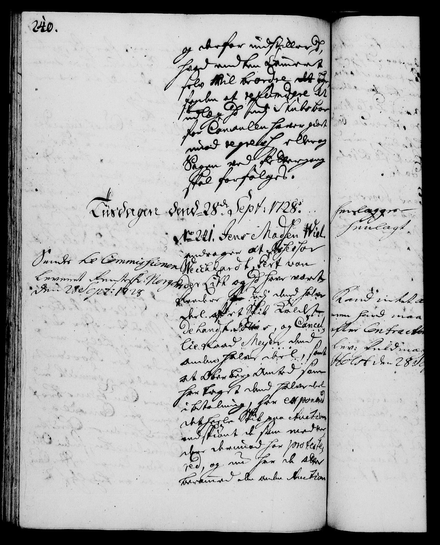 Rentekammeret, Kammerkanselliet, RA/EA-3111/G/Gh/Gha/L0010: Norsk ekstraktmemorialprotokoll (merket RK 53.55), 1728, s. 240