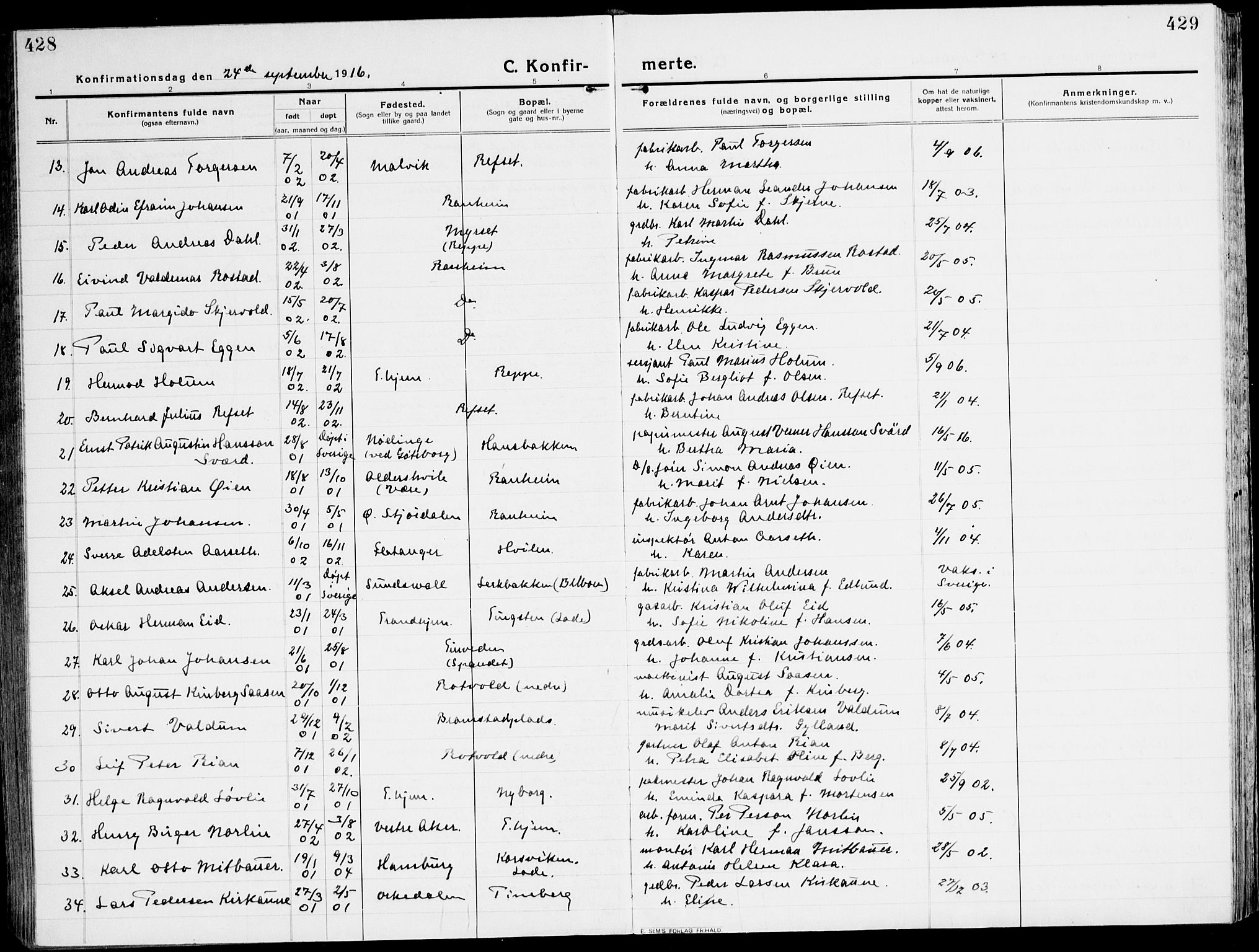 Ministerialprotokoller, klokkerbøker og fødselsregistre - Sør-Trøndelag, SAT/A-1456/607/L0321: Ministerialbok nr. 607A05, 1916-1935, s. 428-429