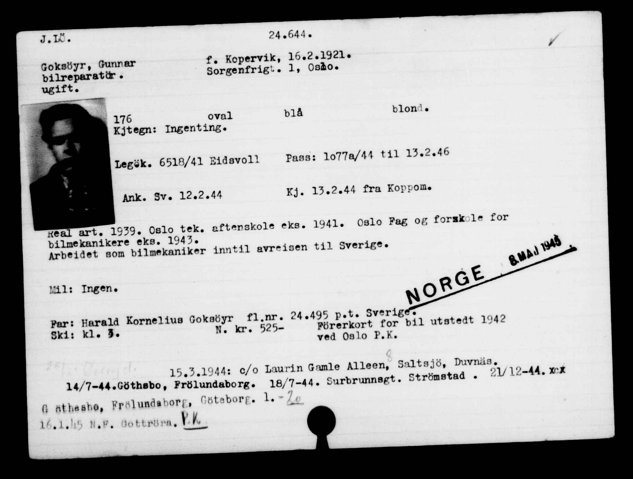Utenriksstasjonene, Legasjonen i Stockholm, Flyktningkontoret, AV/RA-S-6753/V/Va/L0010: Kjesäterkartoteket, flyktninger med registreringsnr. 22000-25314, 1940-1945, s. 2784