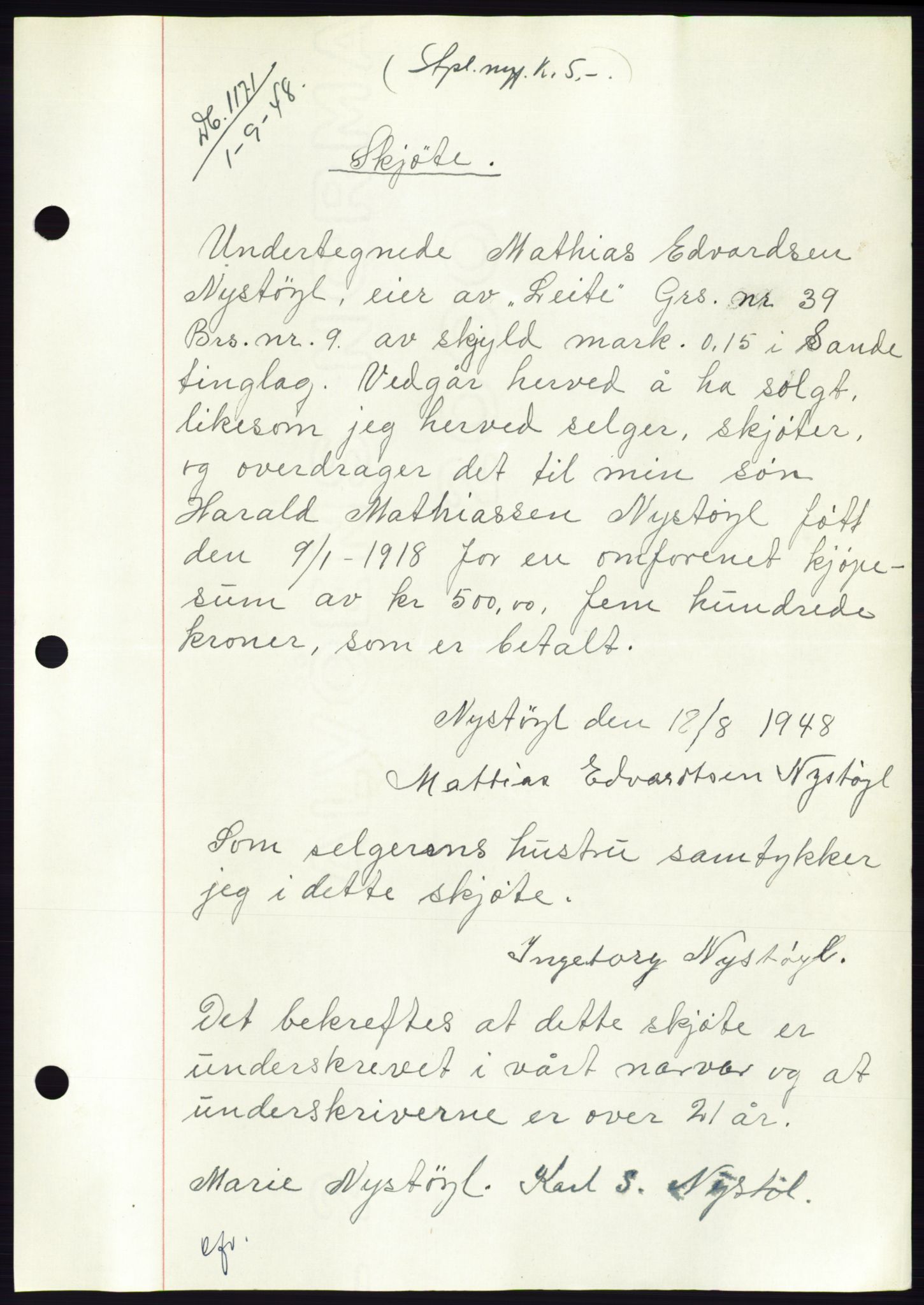 Søre Sunnmøre sorenskriveri, SAT/A-4122/1/2/2C/L0082: Pantebok nr. 8A, 1948-1948, Dagboknr: 1171/1948