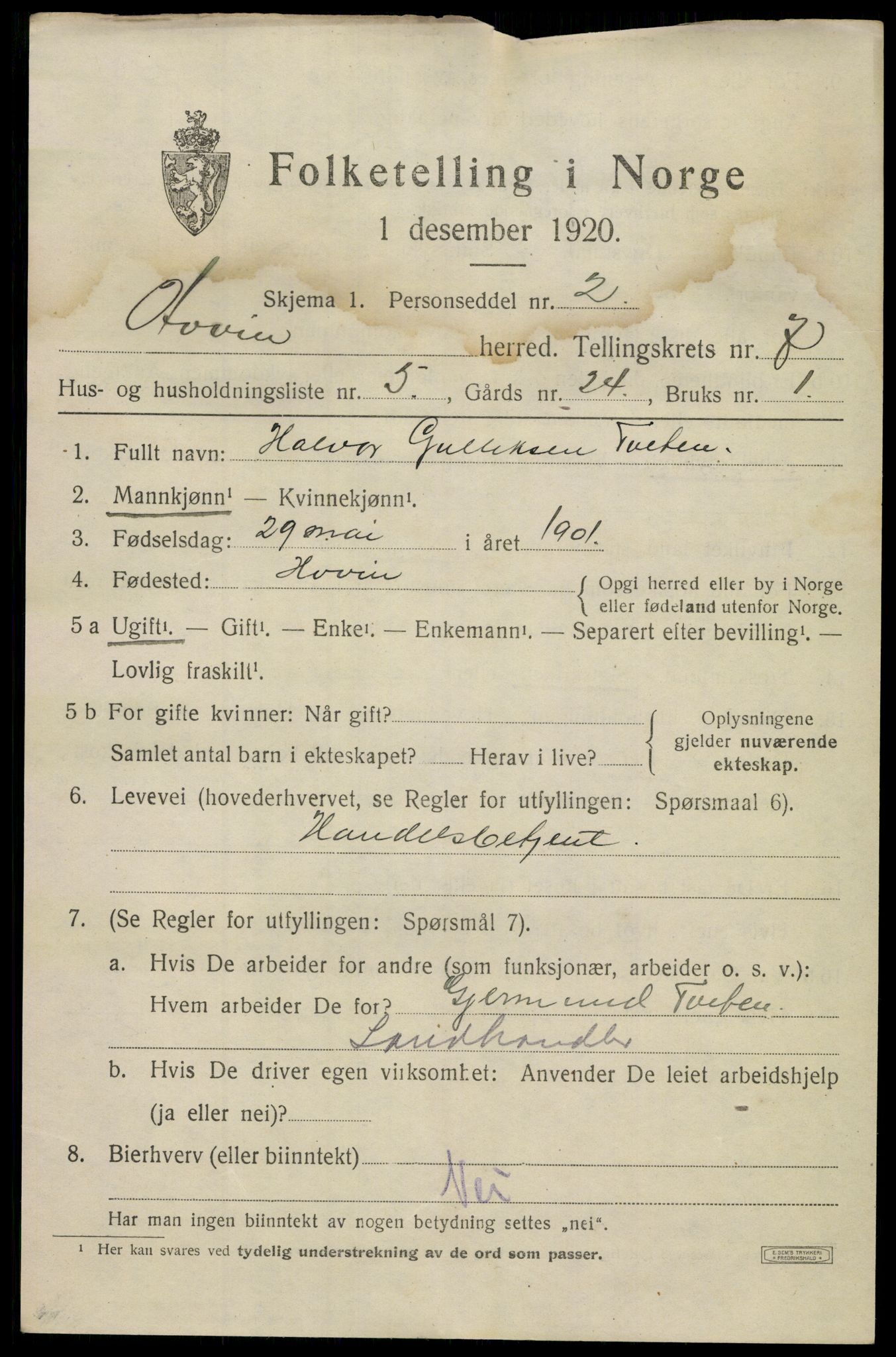SAKO, Folketelling 1920 for 0825 Hovin herred, 1920, s. 1745