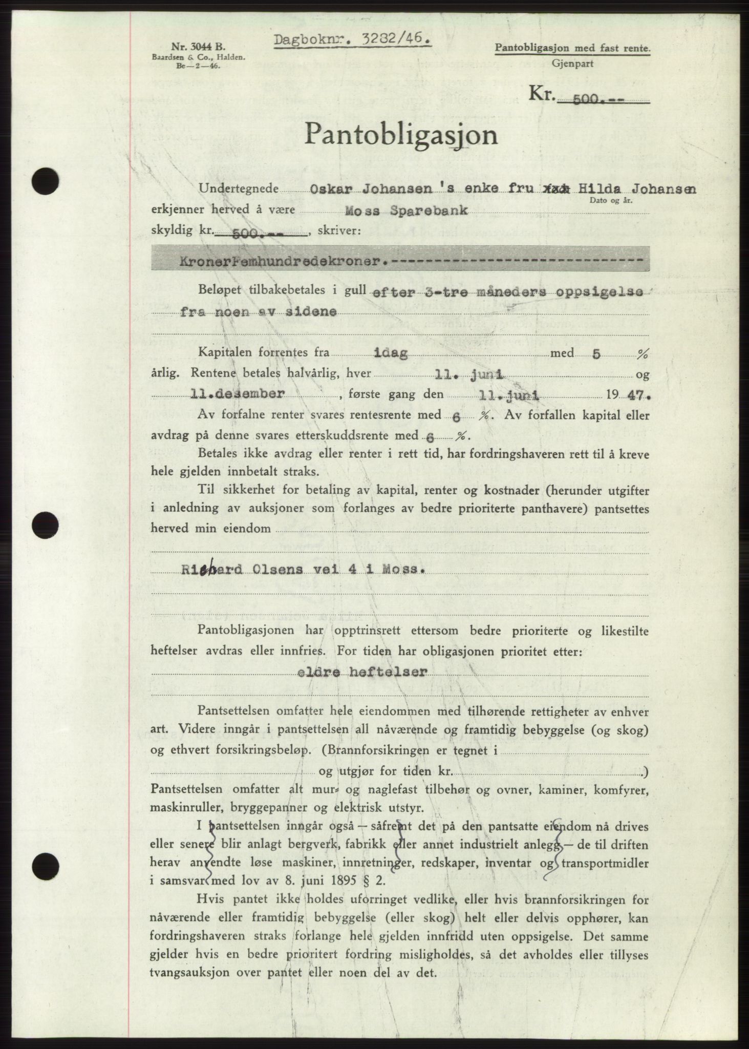 Moss sorenskriveri, SAO/A-10168: Pantebok nr. B16, 1946-1947, Dagboknr: 3282/1946
