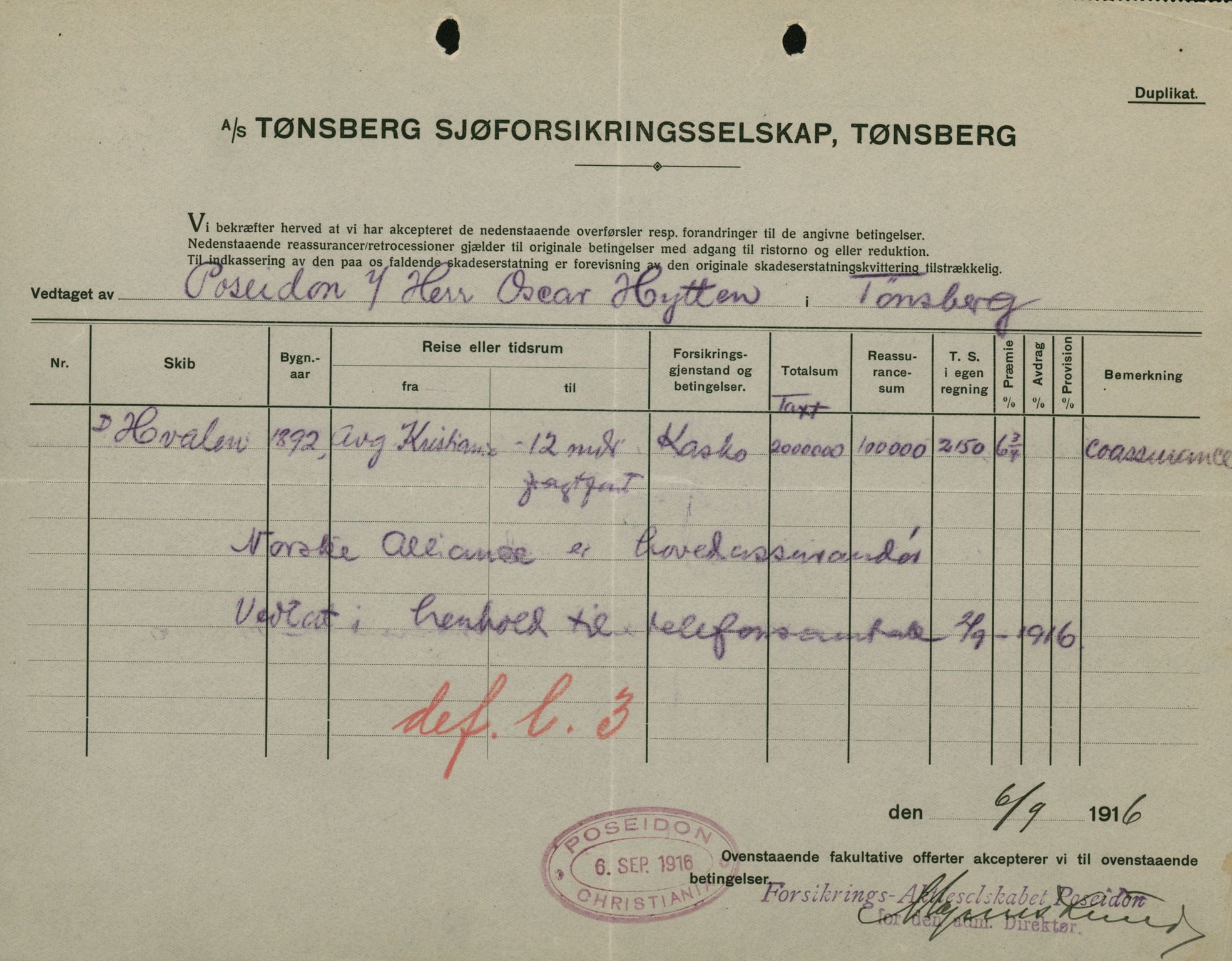 Pa 664 - Tønsberg Sjøforsikringsselskap, VEMU/A-1773/F/L0001: Forsikringspoliser, 1915-1918