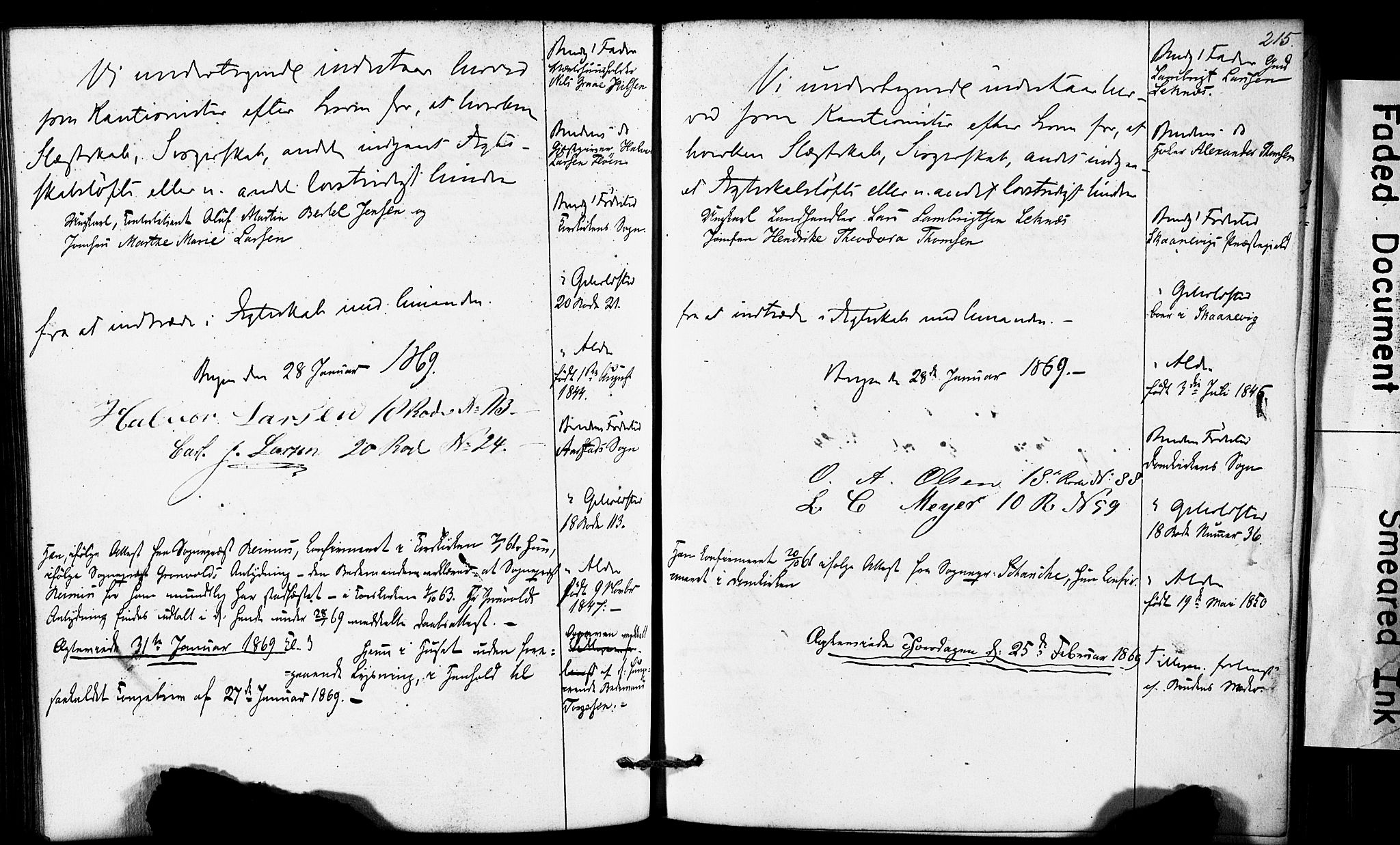 Domkirken sokneprestembete, SAB/A-74801: Forlovererklæringer nr. II.5.6, 1863-1870, s. 215