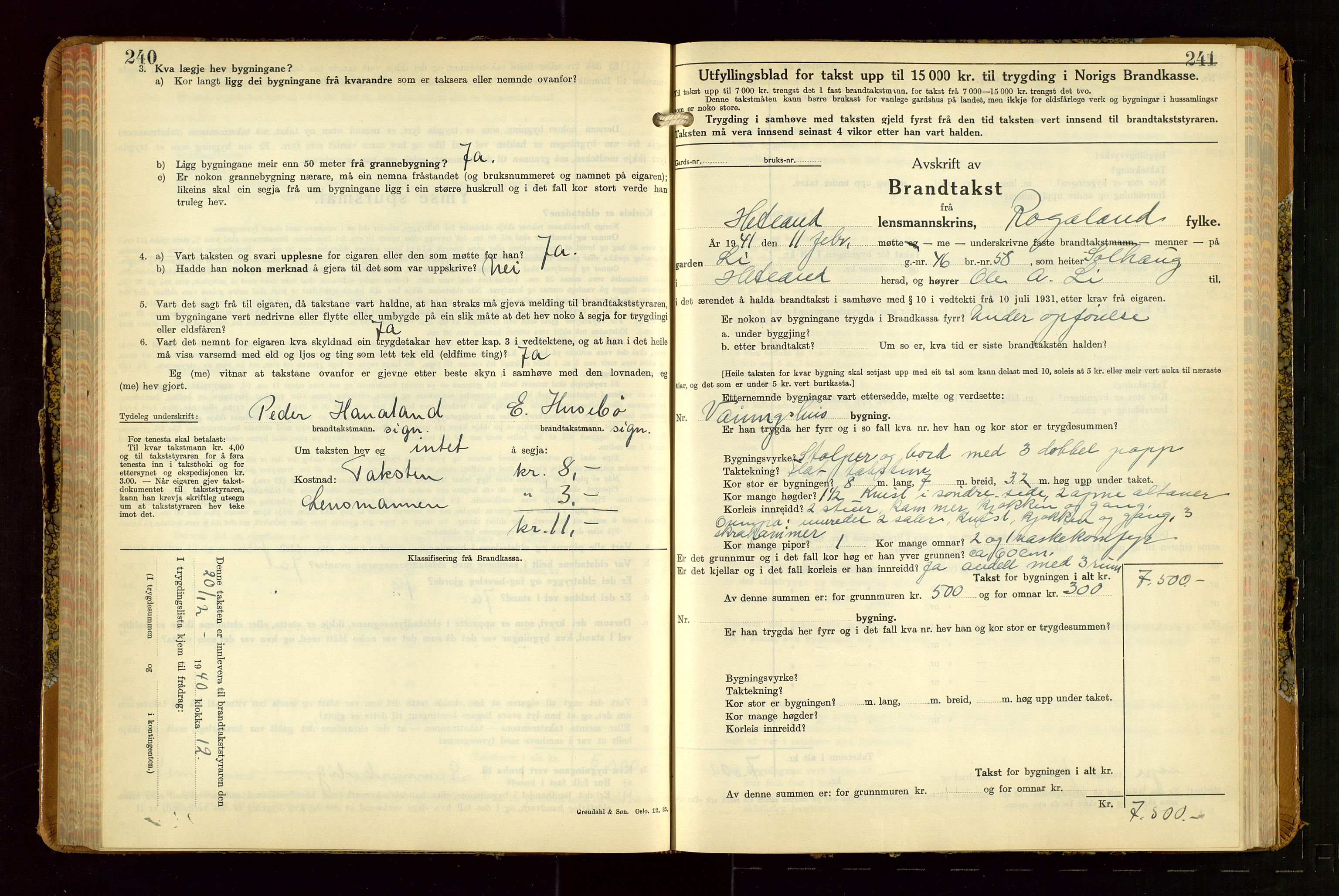 Hetland lensmannskontor, AV/SAST-A-100101/Gob/L0007: "Brandtakstbok", 1939-1949, s. 240-241