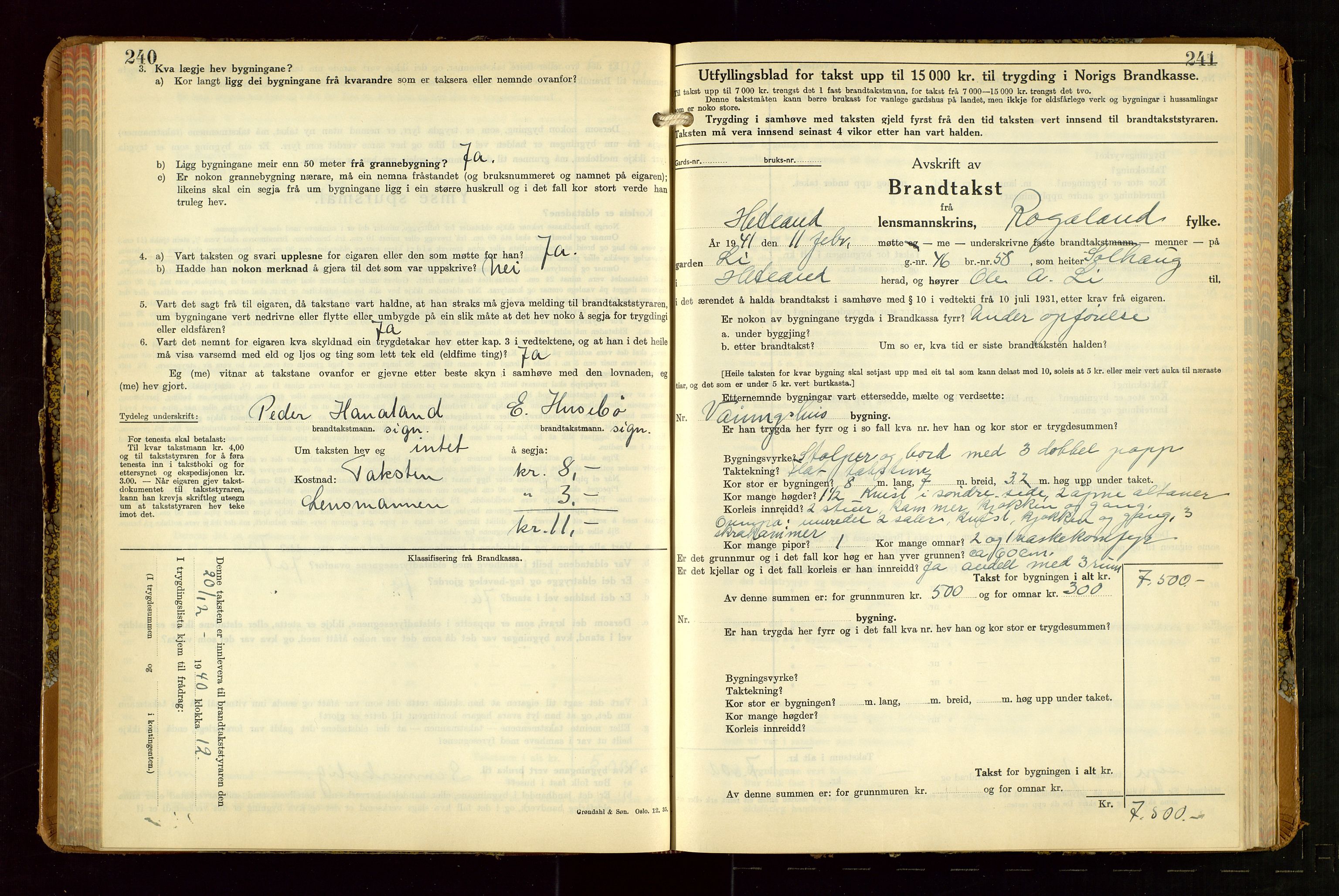 Hetland lensmannskontor, SAST/A-100101/Gob/L0007: "Brandtakstbok", 1939-1949, s. 240-241