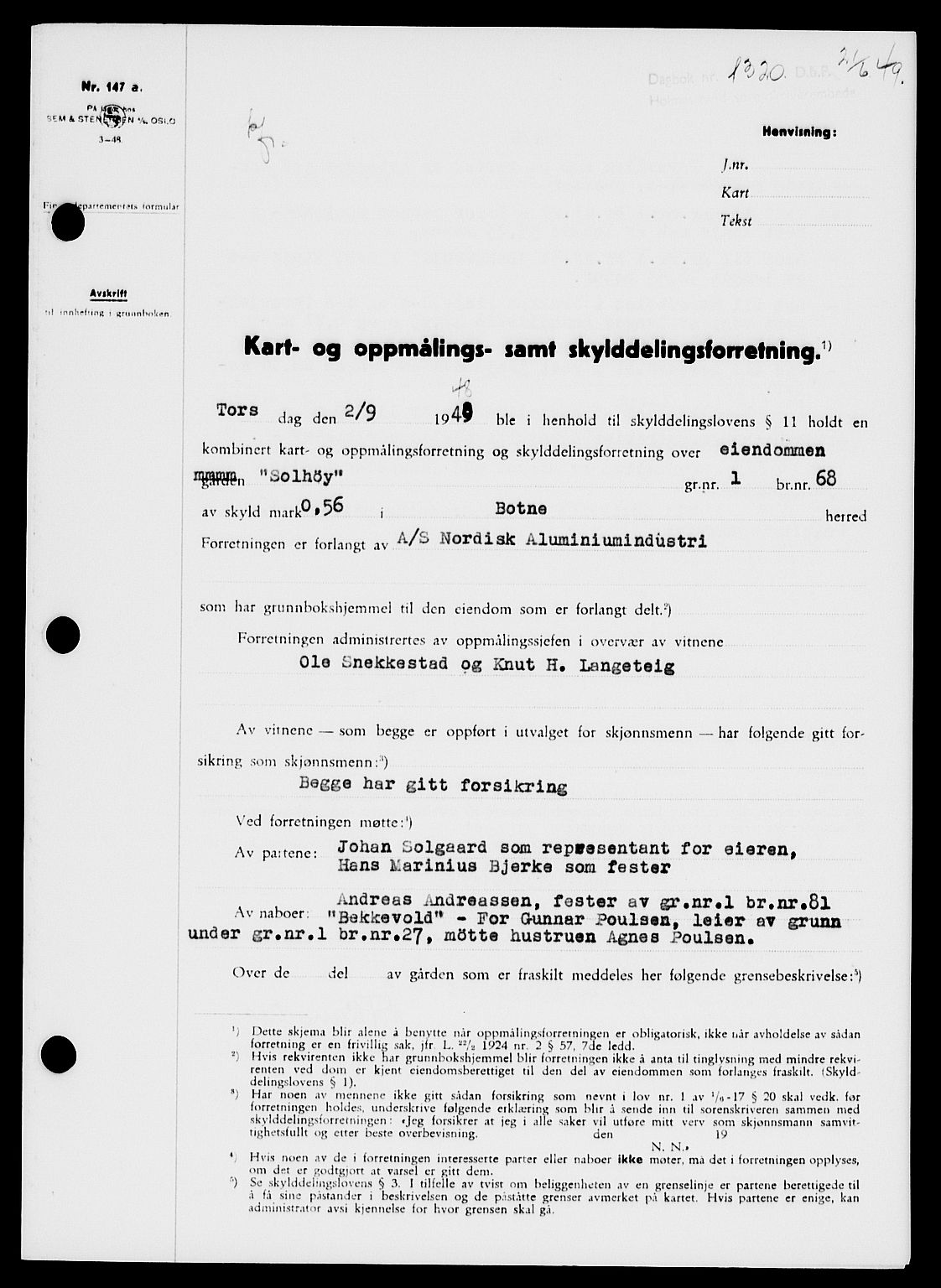 Holmestrand sorenskriveri, SAKO/A-67/G/Ga/Gaa/L0066: Pantebok nr. A-66, 1949-1949, Dagboknr: 1320/1949