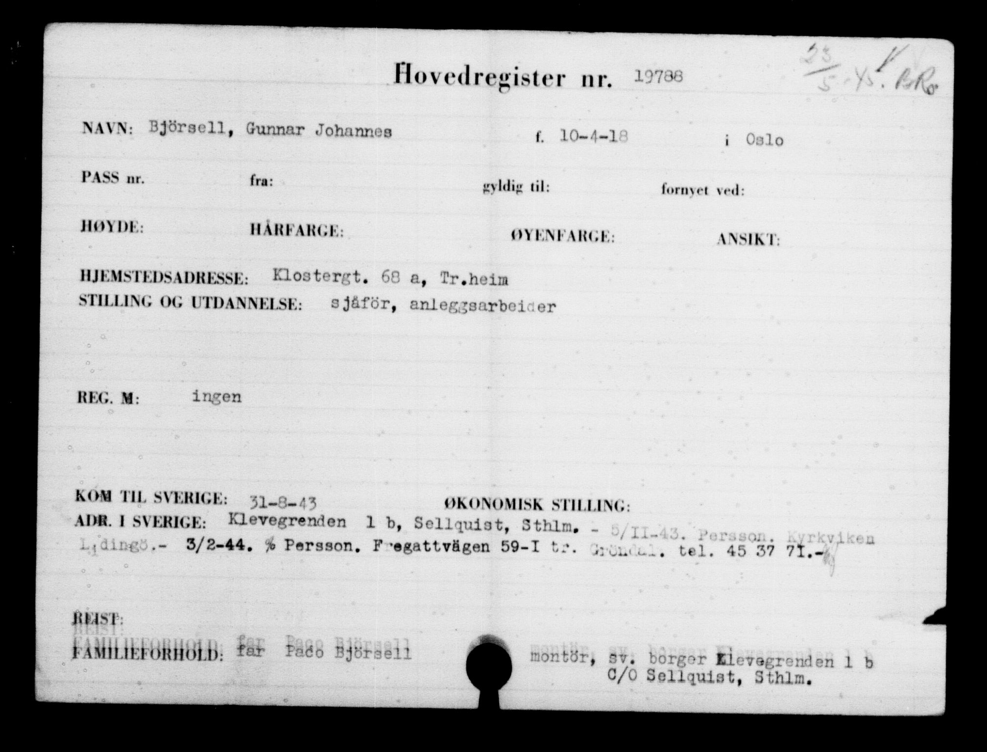 Utenriksstasjonene, Legasjonen i Stockholm, Flyktningkontoret, AV/RA-S-6753/V/Va/L0009: Kjesäterkartoteket, flyktninger med registreringsnr. 18502-22048, 1940-1945, s. 1443