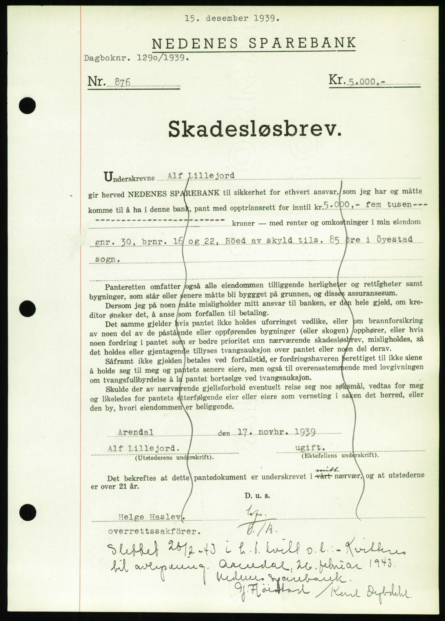 Nedenes sorenskriveri, SAK/1221-0006/G/Gb/Gbb/L0001: Pantebok nr. I, 1939-1942, Dagboknr: 1290/1939