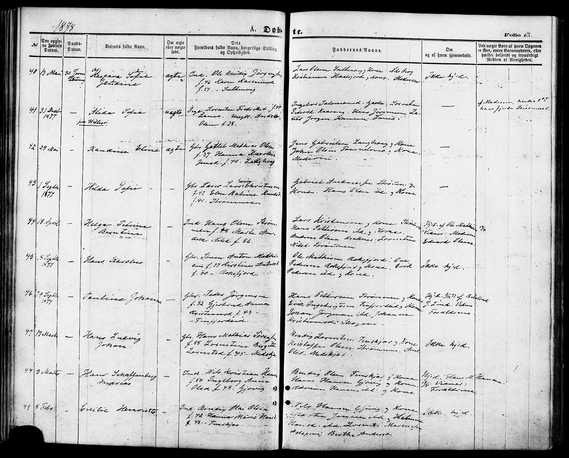 Lenvik sokneprestembete, AV/SATØ-S-1310/H/Ha/Haa/L0010kirke: Ministerialbok nr. 10, 1873-1880, s. 62