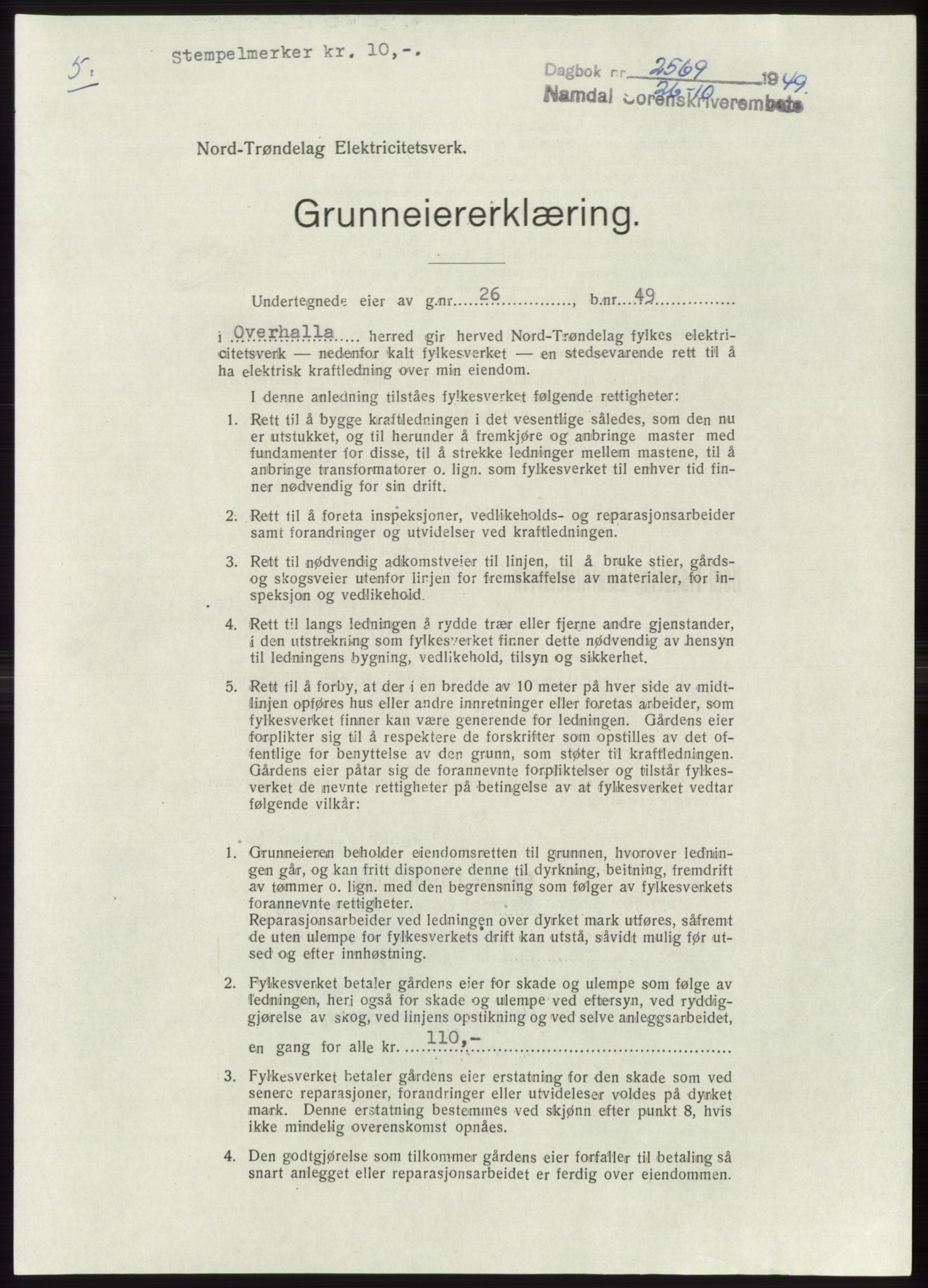 Namdal sorenskriveri, SAT/A-4133/1/2/2C: Pantebok nr. -, 1949-1949, Dagboknr: 2569/1949