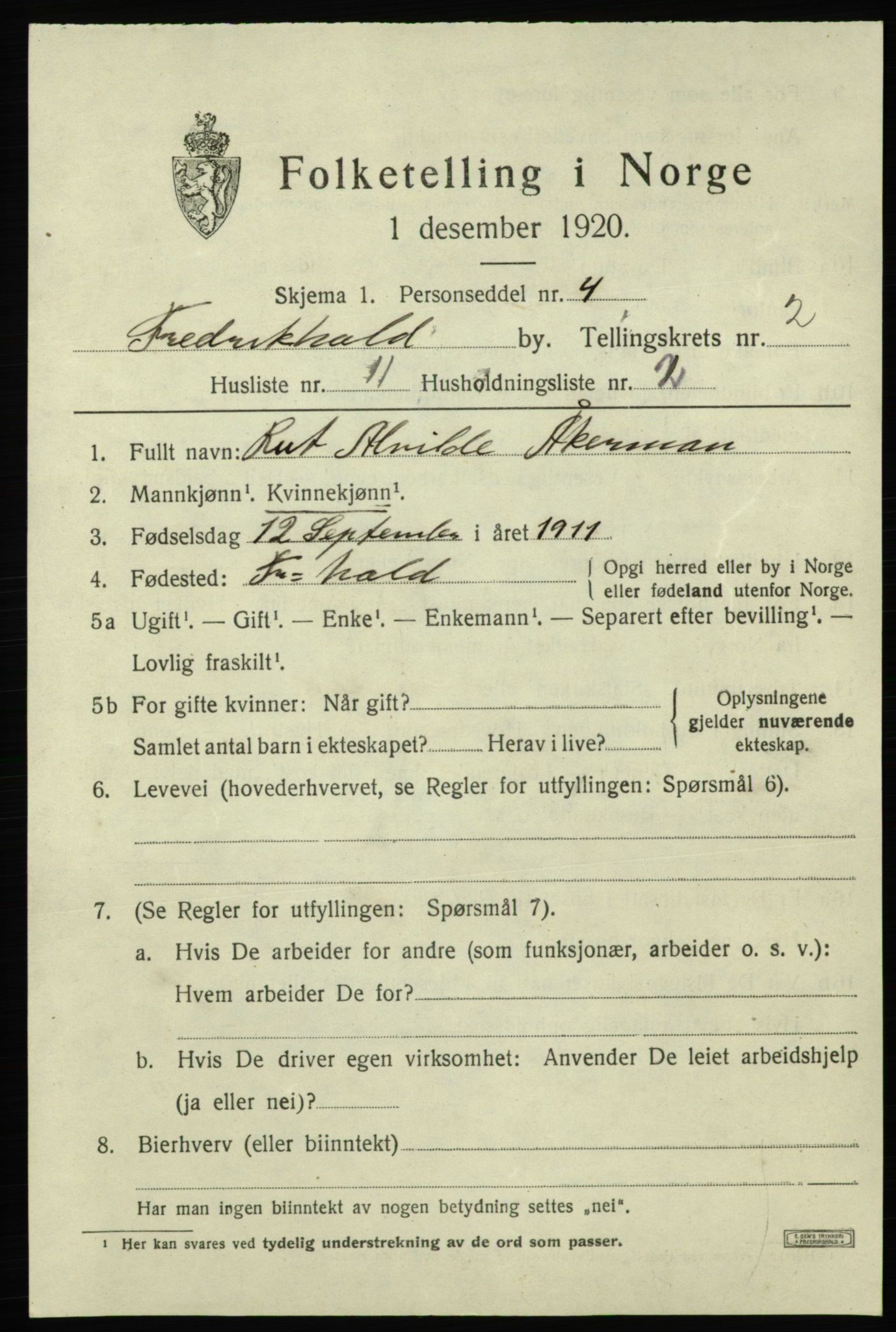 SAO, Folketelling 1920 for 0101 Fredrikshald kjøpstad, 1920, s. 9462