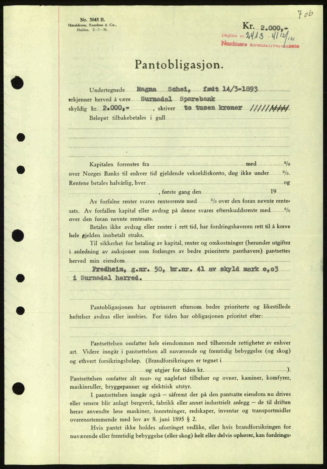 Nordmøre sorenskriveri, SAT/A-4132/1/2/2Ca: Pantebok nr. B88, 1941-1942, Dagboknr: 2413/1941