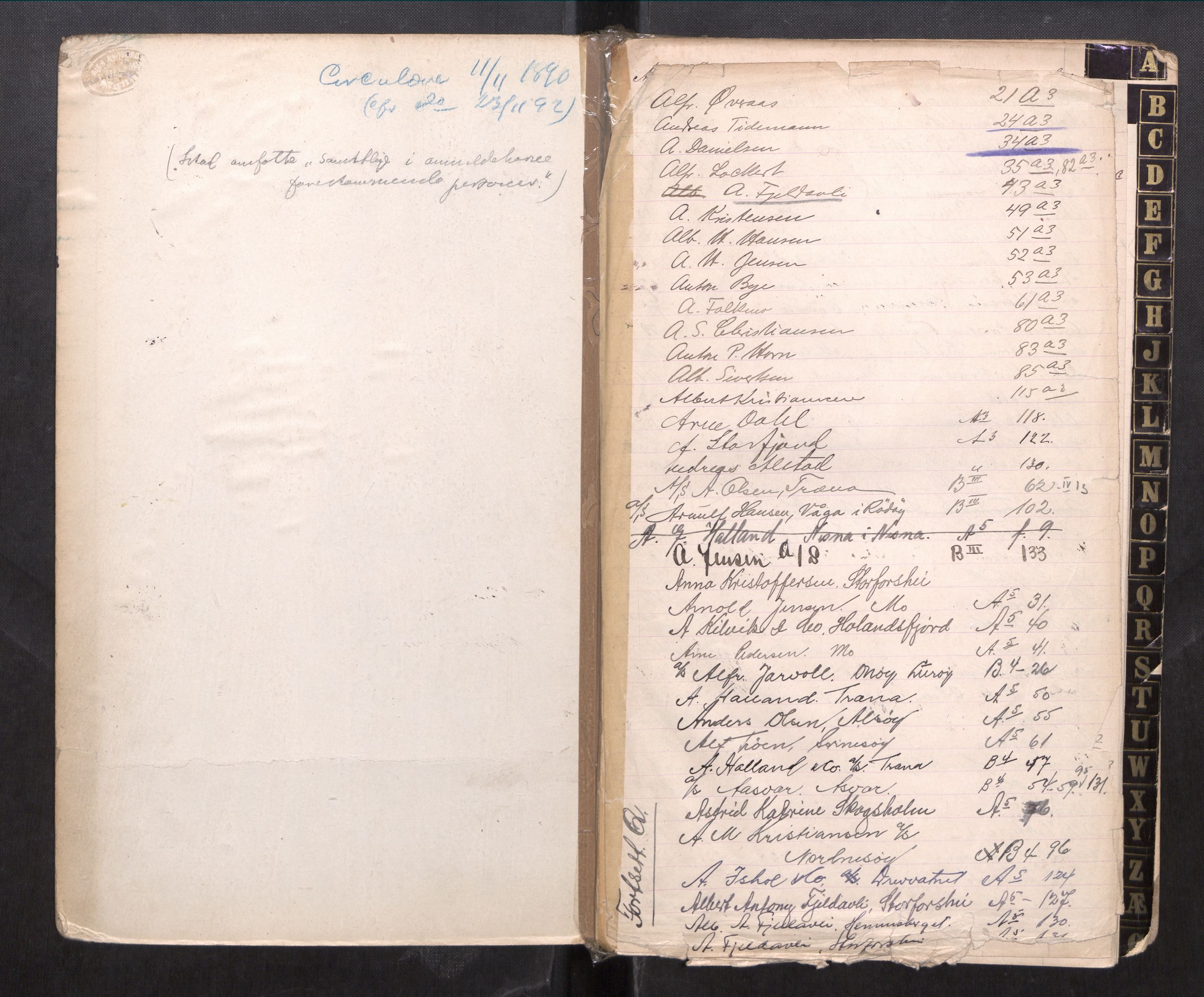 Rana sorenskriveri , SAT/A-1108/2/J/Ja/Jac/L0002: Alfabetisk register på personnavn, 1891-1943, s. 2
