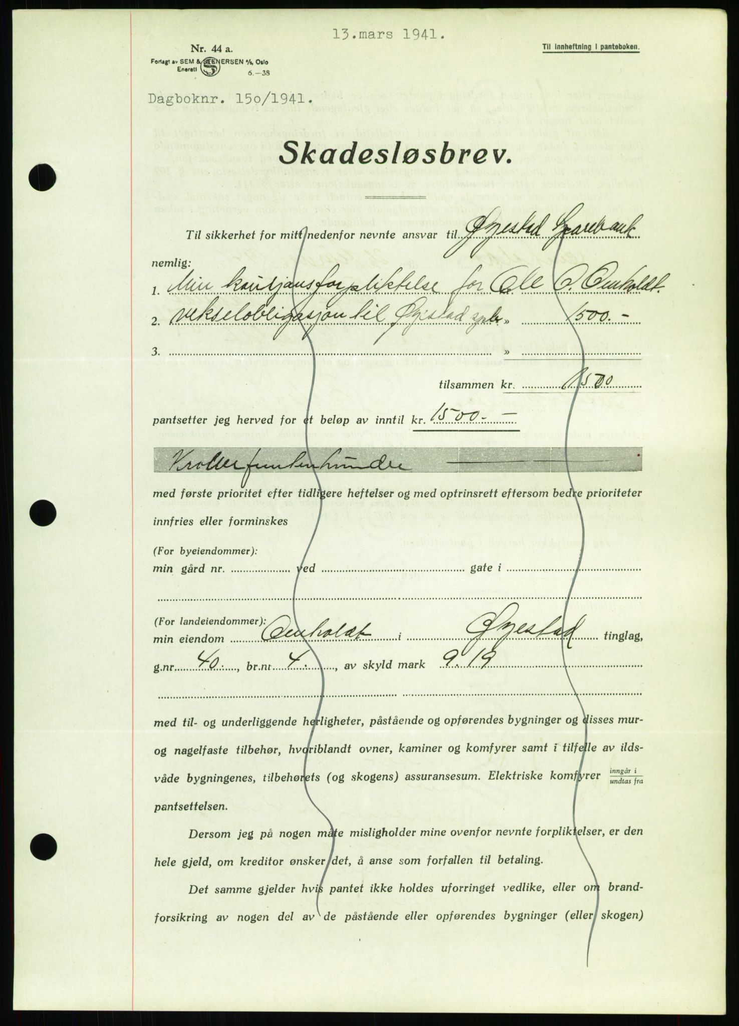 Nedenes sorenskriveri, SAK/1221-0006/G/Gb/Gbb/L0001: Pantebok nr. I, 1939-1942, Dagboknr: 150/1941