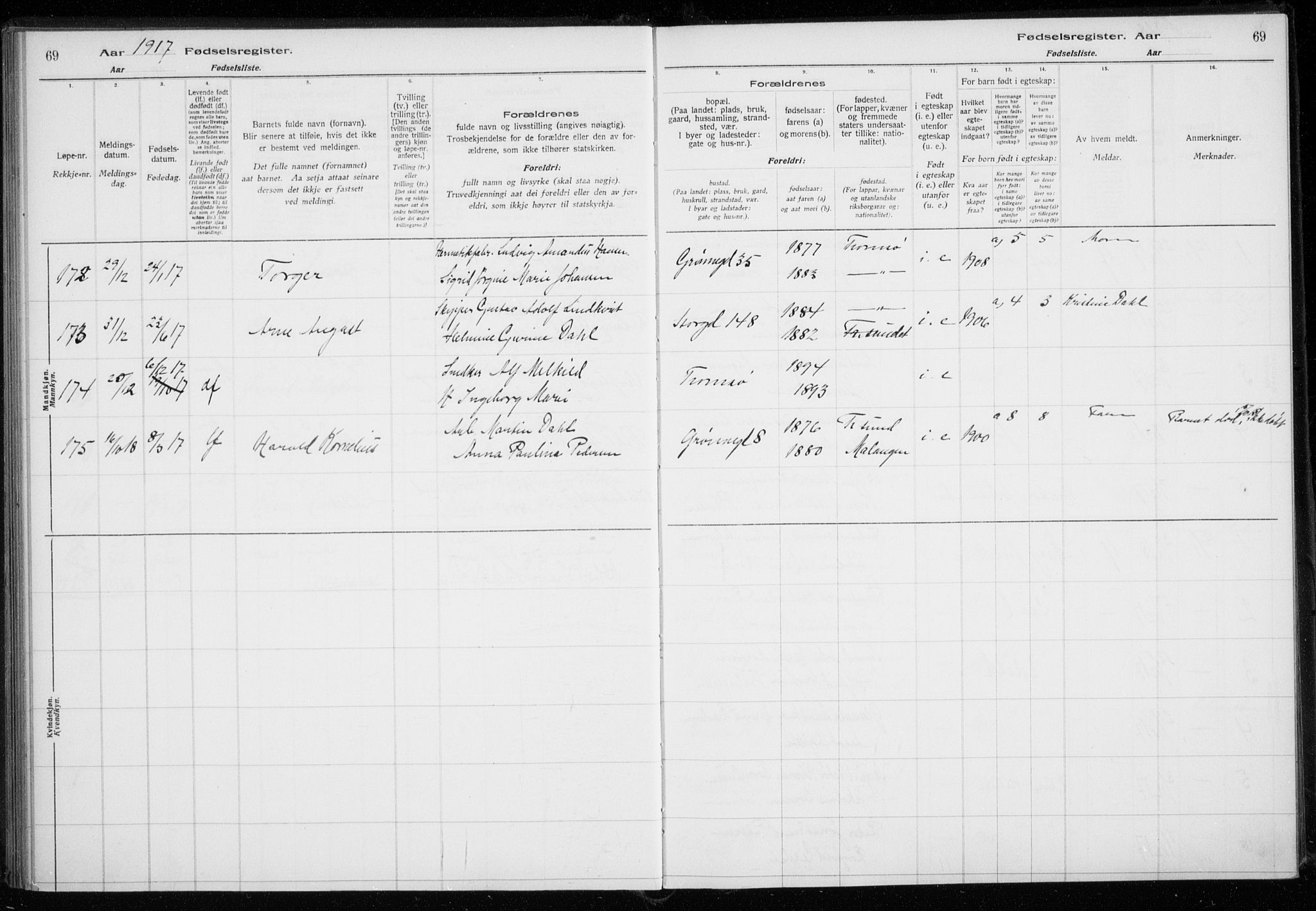 Tromsø sokneprestkontor/stiftsprosti/domprosti, AV/SATØ-S-1343/H/Ha/L0131: Fødselsregister nr. 131, 1916-1921, s. 69