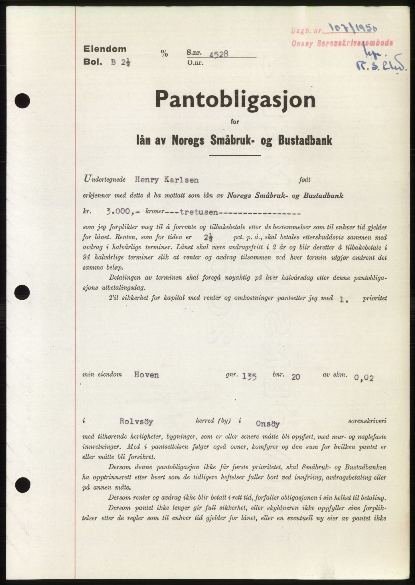 Onsøy sorenskriveri, SAO/A-10474/G/Ga/Gac/L0009: Pantebok nr. B 13-9, 1949-1950, Dagboknr: 107/1950