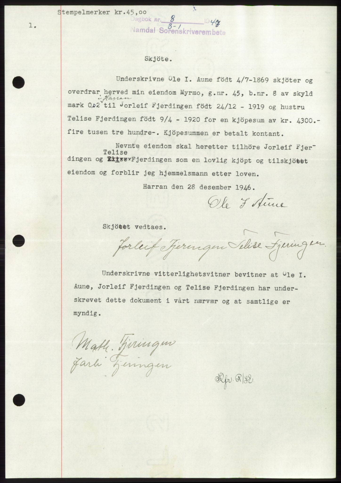 Namdal sorenskriveri, SAT/A-4133/1/2/2C: Pantebok nr. -, 1946-1947, Dagboknr: 8/1947