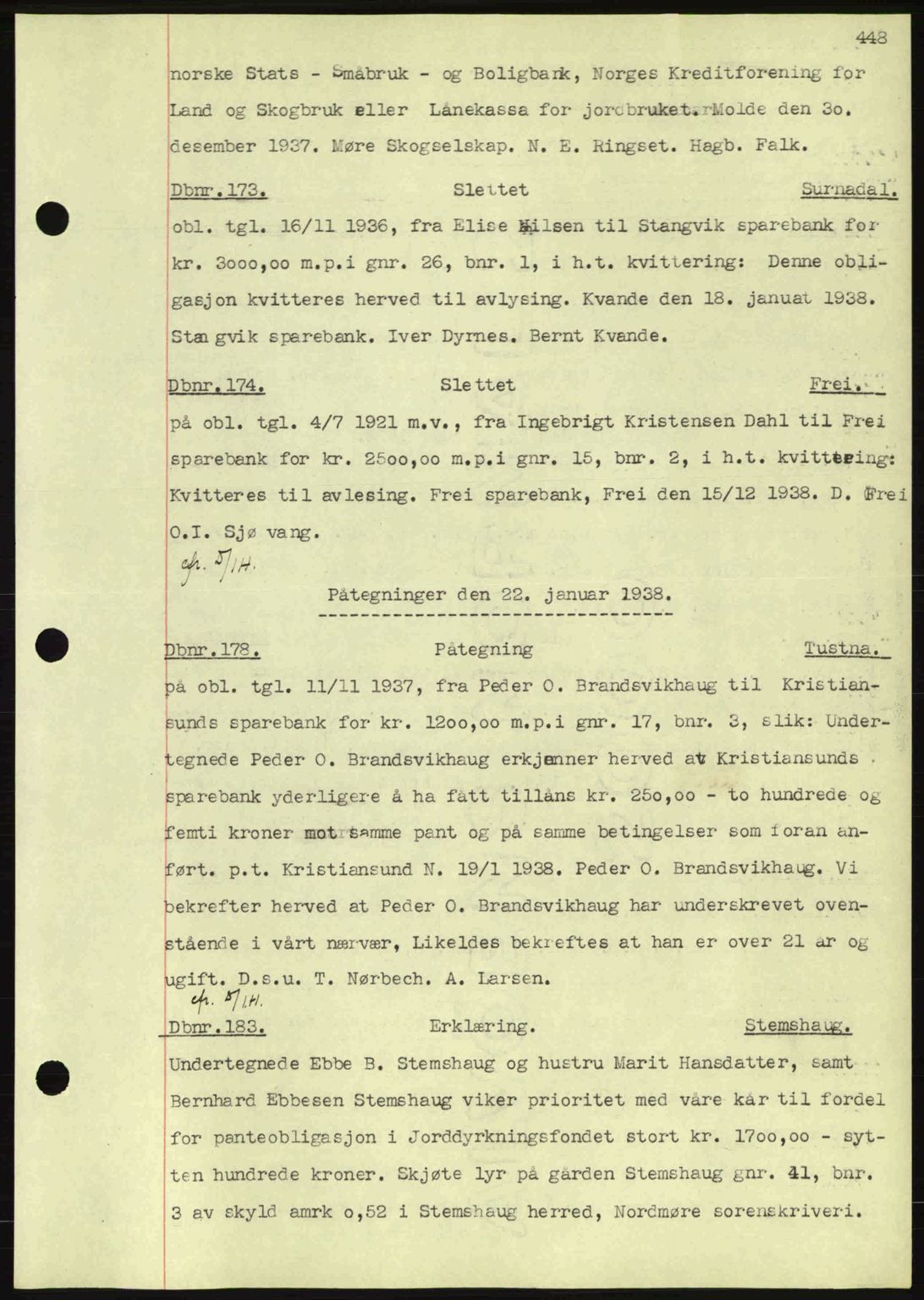 Nordmøre sorenskriveri, SAT/A-4132/1/2/2Ca: Pantebok nr. C80, 1936-1939, Dagboknr: 173/1938