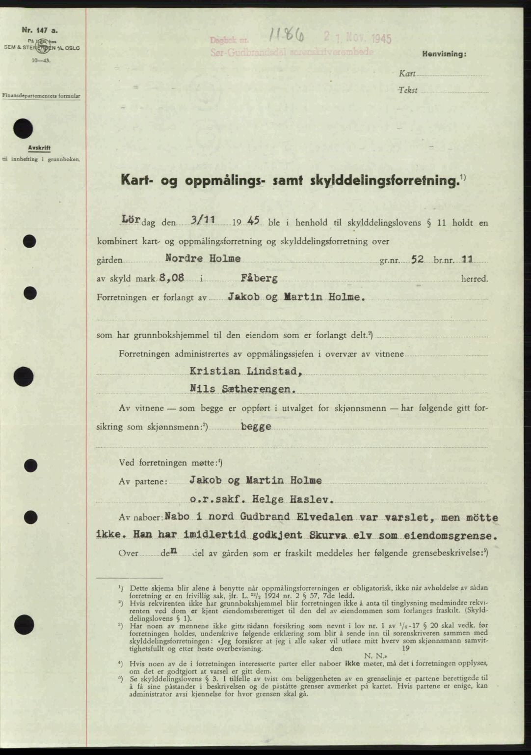 Sør-Gudbrandsdal tingrett, SAH/TING-004/H/Hb/Hbd/L0015: Pantebok nr. A15, 1945-1946, Dagboknr: 1186/1945