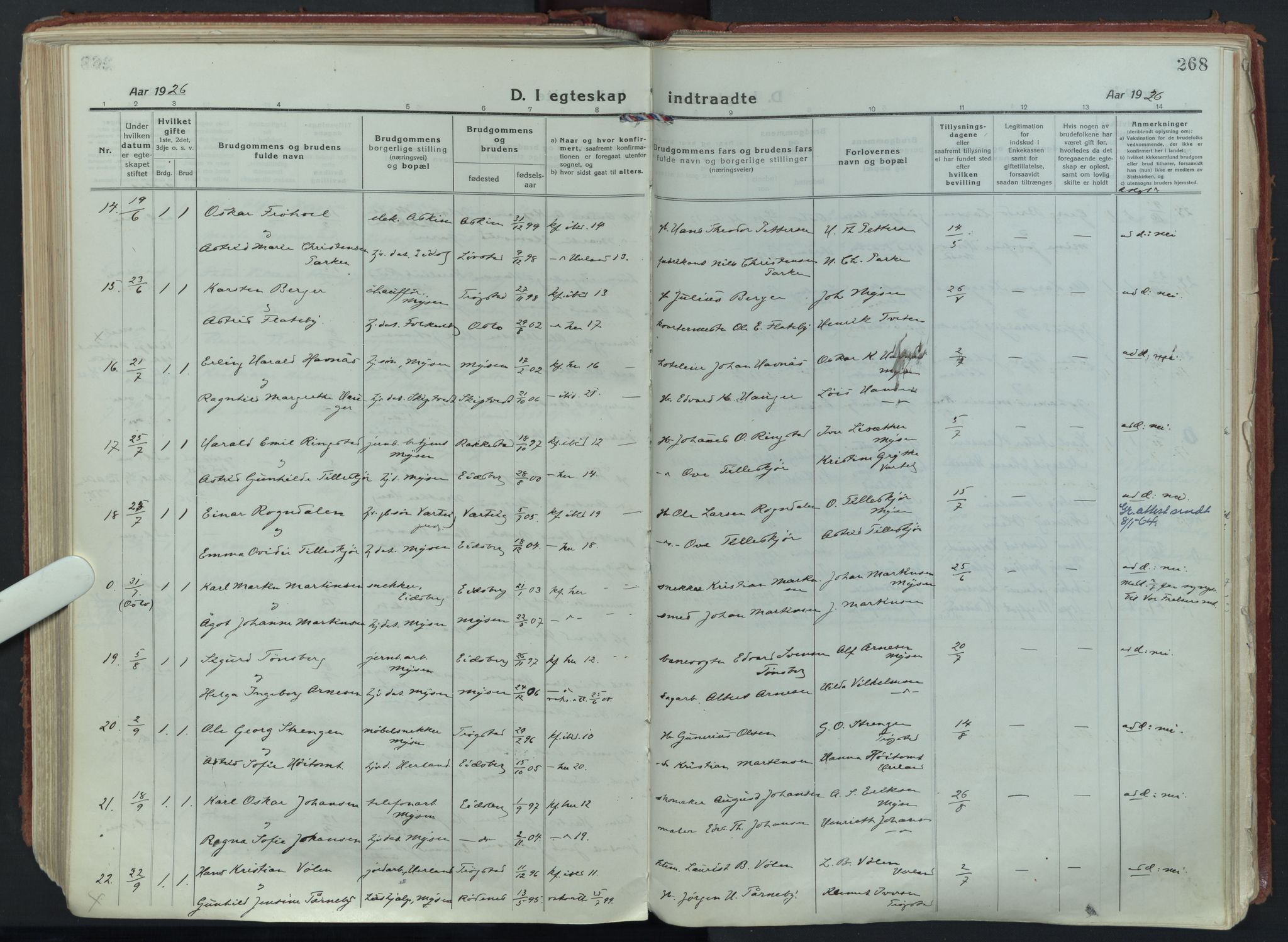 Eidsberg prestekontor Kirkebøker, AV/SAO-A-10905/F/Fa/L0015: Ministerialbok nr. I 15, 1920-1937, s. 268