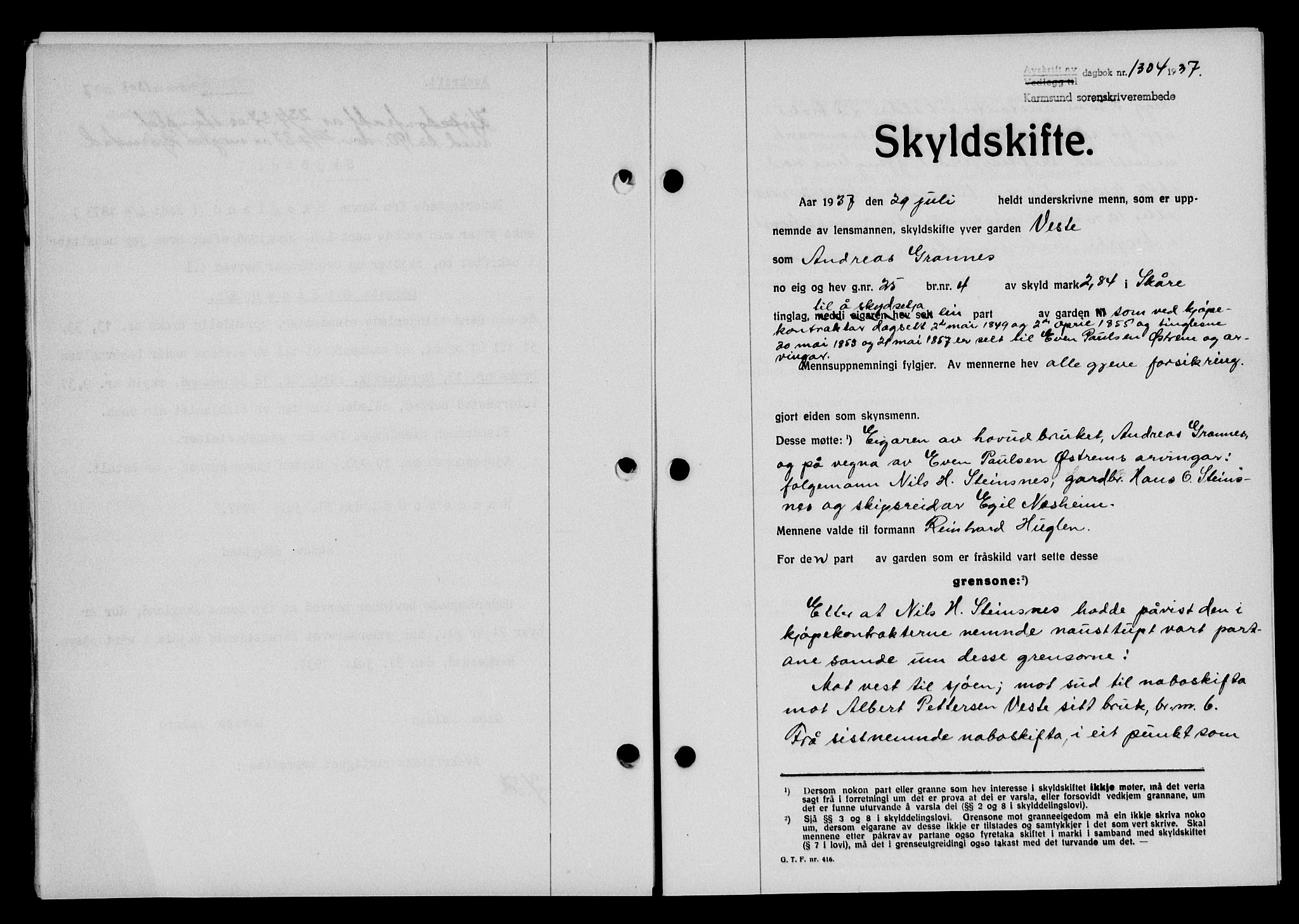 Karmsund sorenskriveri, SAST/A-100311/01/II/IIB/L0068: Pantebok nr. 49A, 1937-1937, Dagboknr: 1304/1937