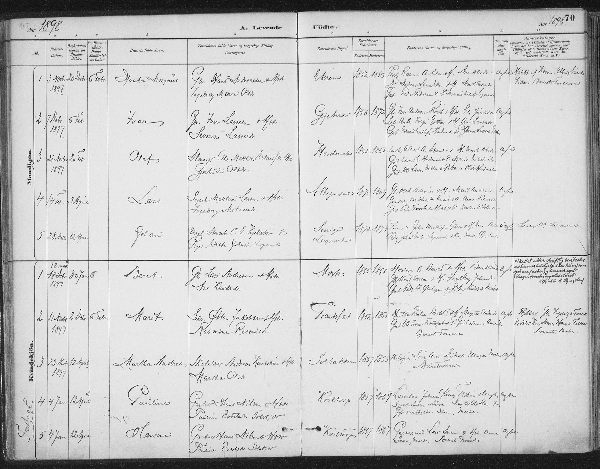 Ministerialprotokoller, klokkerbøker og fødselsregistre - Møre og Romsdal, AV/SAT-A-1454/555/L0658: Ministerialbok nr. 555A09, 1887-1917, s. 70