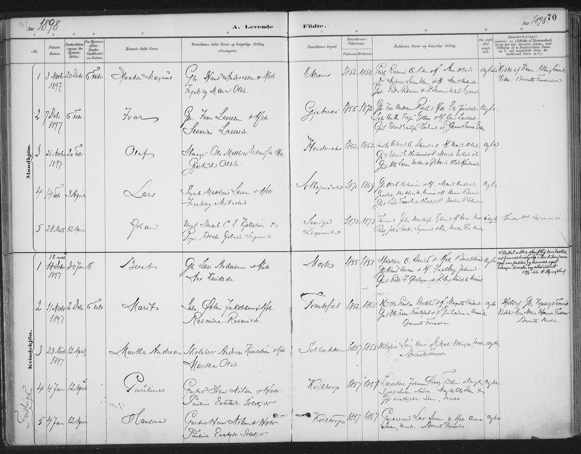 Ministerialprotokoller, klokkerbøker og fødselsregistre - Møre og Romsdal, AV/SAT-A-1454/555/L0658: Ministerialbok nr. 555A09, 1887-1917, s. 70