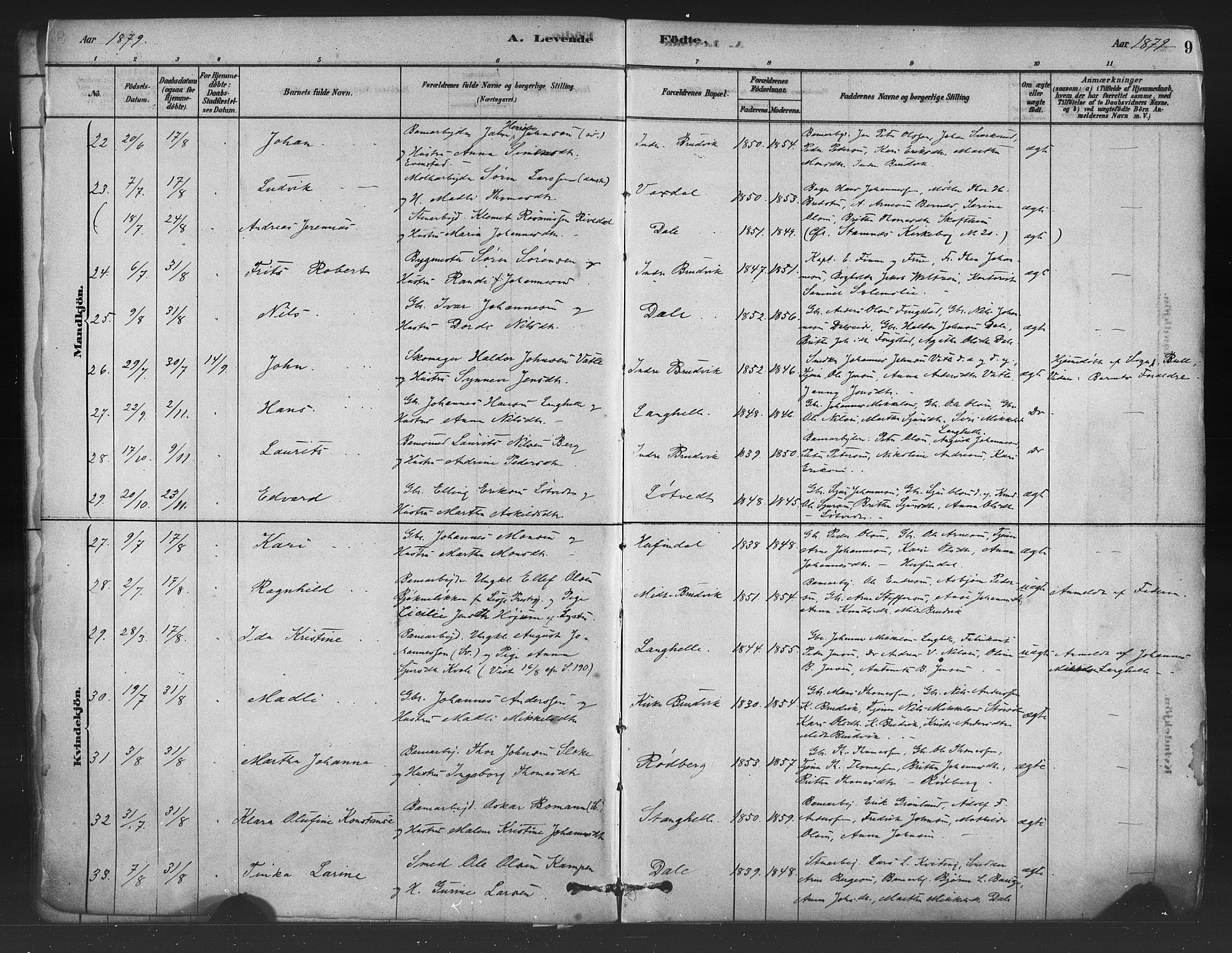 Bruvik Sokneprestembete, AV/SAB-A-74701/H/Haa: Ministerialbok nr. B 1, 1878-1904, s. 9