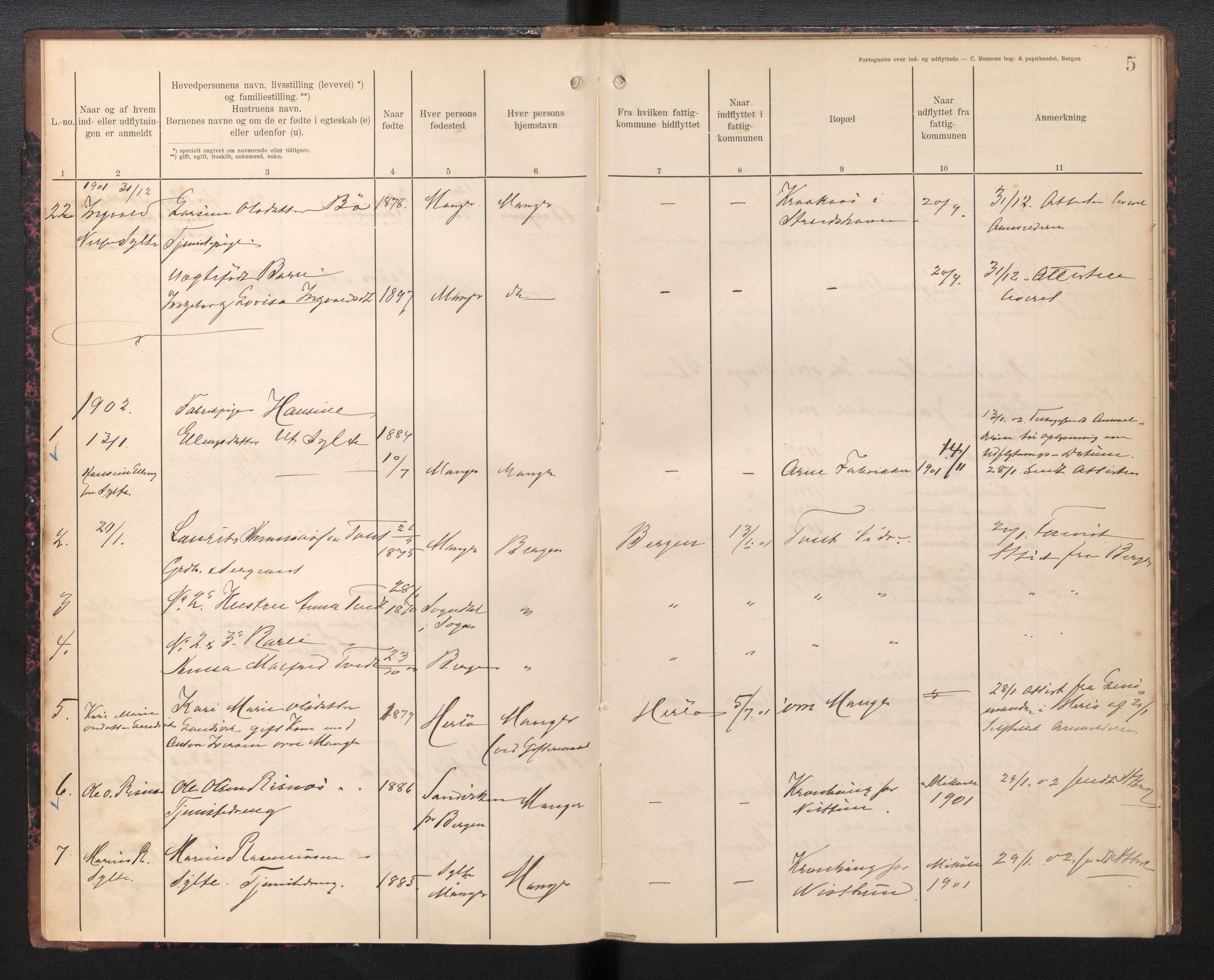 Lensmannen i Manger, SAB/A-33701/0020/L0001: Protokoll over inn- og utflytte, 1901-1906