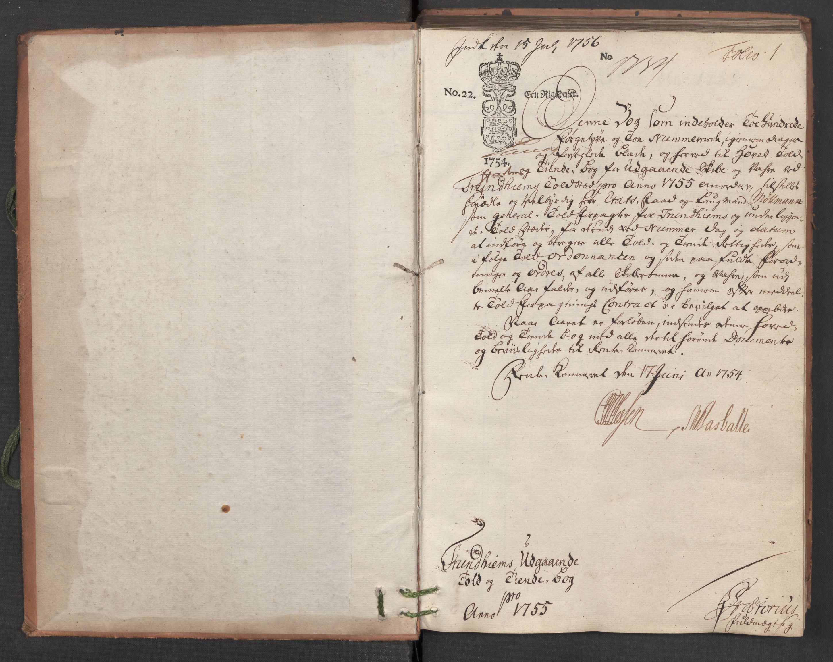 Generaltollkammeret, tollregnskaper, AV/RA-EA-5490/R33/L0044/0001: Tollregnskaper Trondheim A / Utgående hovedtollbok, 1755