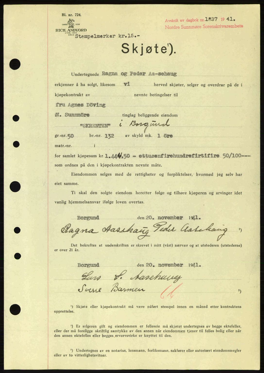 Nordre Sunnmøre sorenskriveri, AV/SAT-A-0006/1/2/2C/2Ca: Pantebok nr. A12, 1941-1942, Dagboknr: 1837/1941