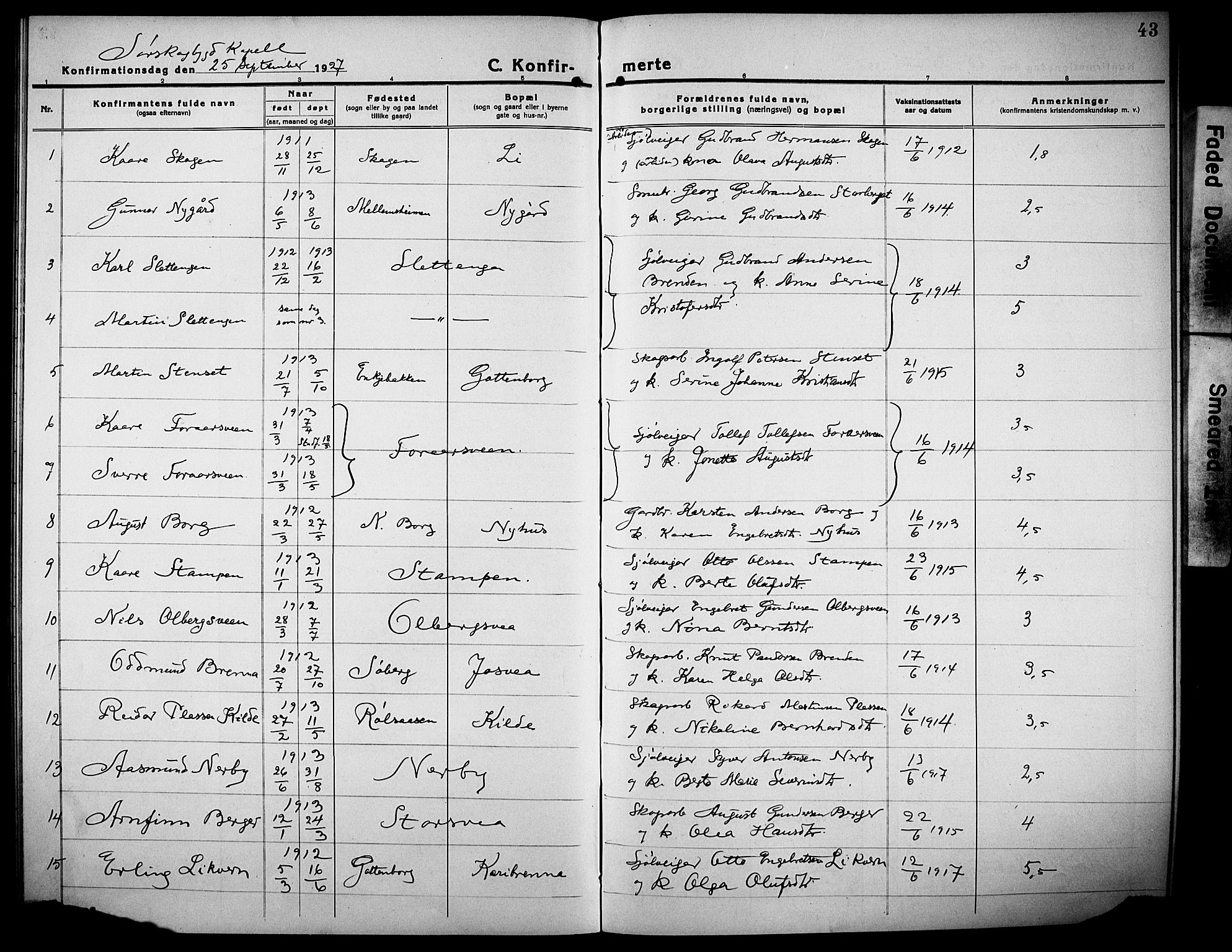 Elverum prestekontor, SAH/PREST-044/H/Ha/Haa/L0017: Ministerialbok nr. 17, 1921-1928, s. 43