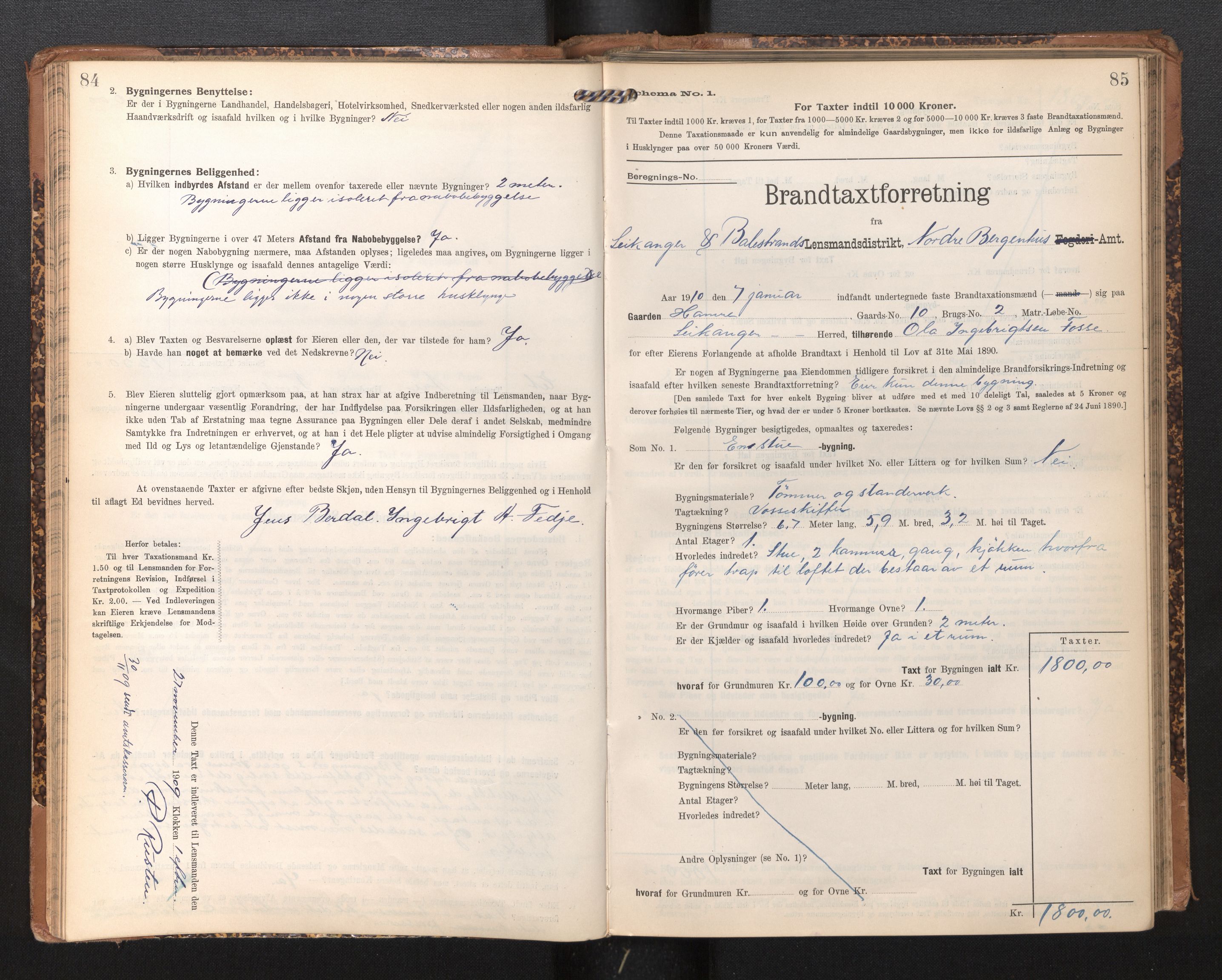 Lensmannen i Leikanger, SAB/A-29201/0012/L0005: Branntakstprotokoll, skjematakst, 1907-1917, s. 84-85