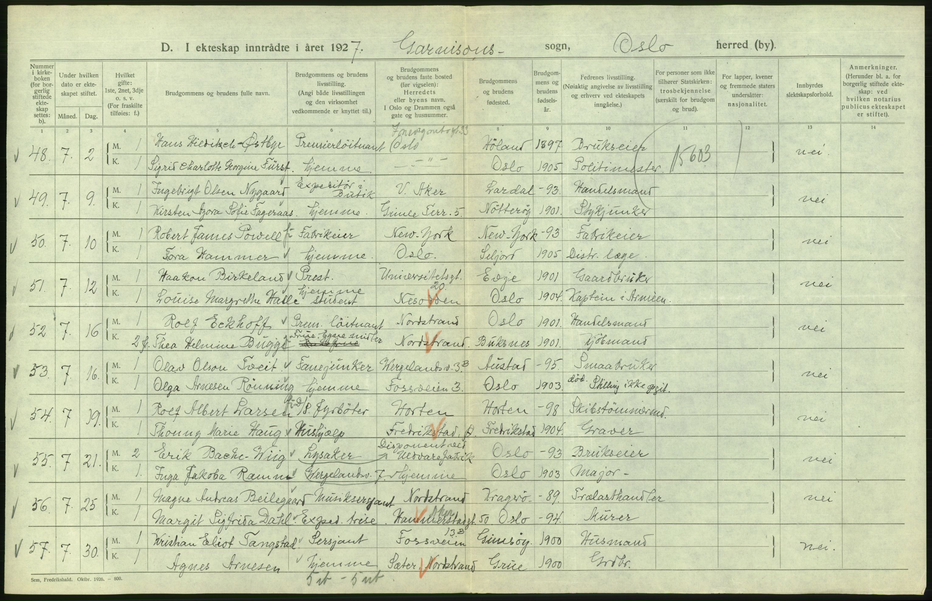 Statistisk sentralbyrå, Sosiodemografiske emner, Befolkning, AV/RA-S-2228/D/Df/Dfc/Dfcg/L0008: Oslo: Gifte, 1927, s. 662