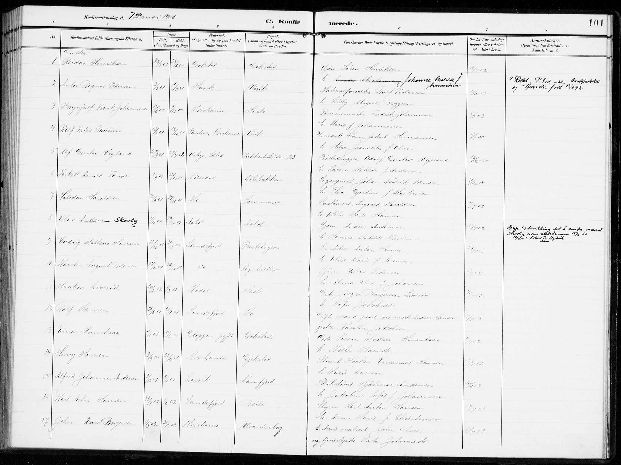 Sandar kirkebøker, AV/SAKO-A-243/F/Fa/L0017: Ministerialbok nr. 17, 1907-1917, s. 101