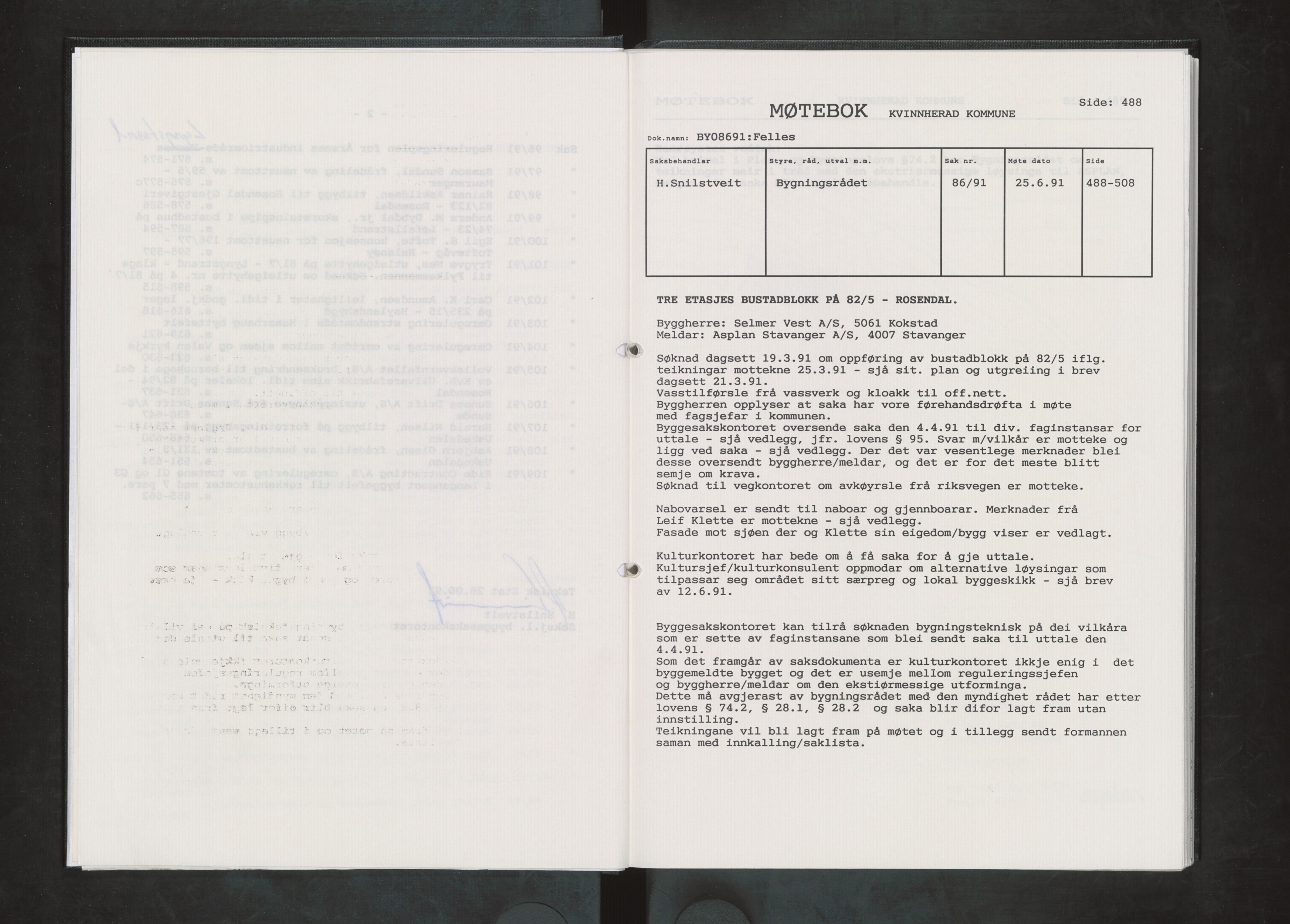 Kvinnherad kommune. Bygningsrådet , IKAH/1224-511/A/Aa/L0073: Møtebok for Kvinnherad bygningsråd, 1991