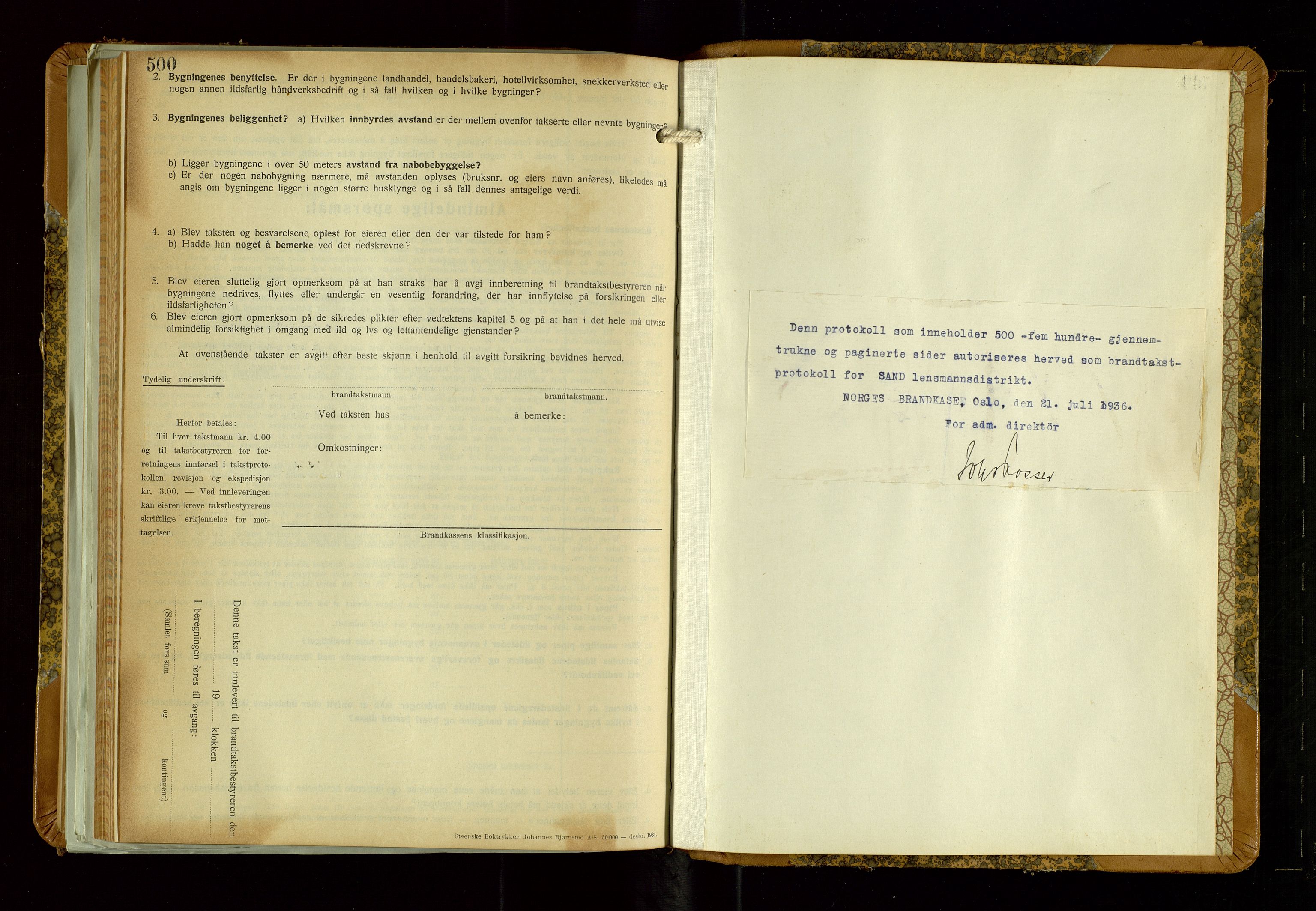 Sand lensmannskontor, AV/SAST-A-100415/Goc/L0002: "Brandtaxationsprotokol", 1936-1952, s. 500