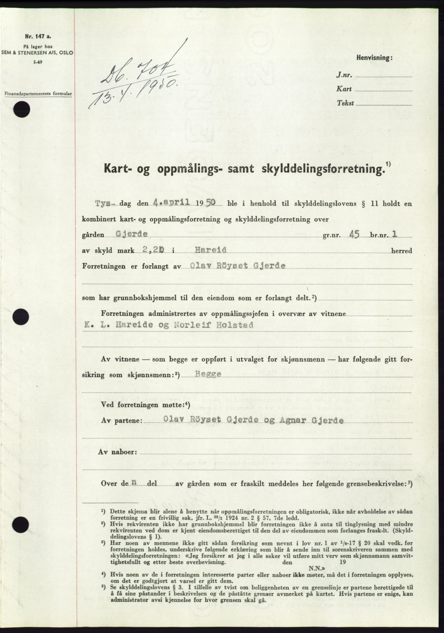 Søre Sunnmøre sorenskriveri, SAT/A-4122/1/2/2C/L0086: Pantebok nr. 12A, 1949-1950, Dagboknr: 704/1950