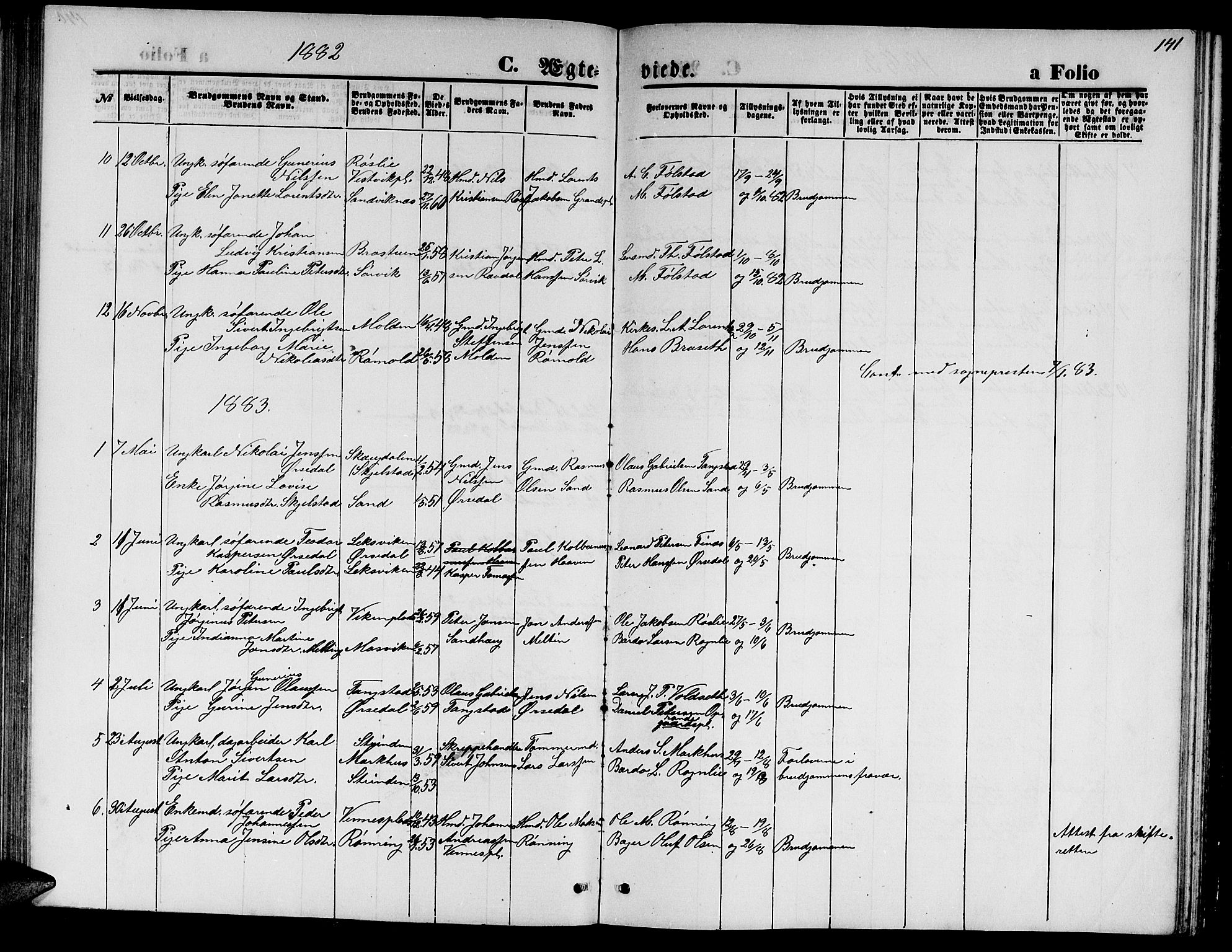 Ministerialprotokoller, klokkerbøker og fødselsregistre - Nord-Trøndelag, SAT/A-1458/744/L0422: Klokkerbok nr. 744C01, 1871-1885, s. 141