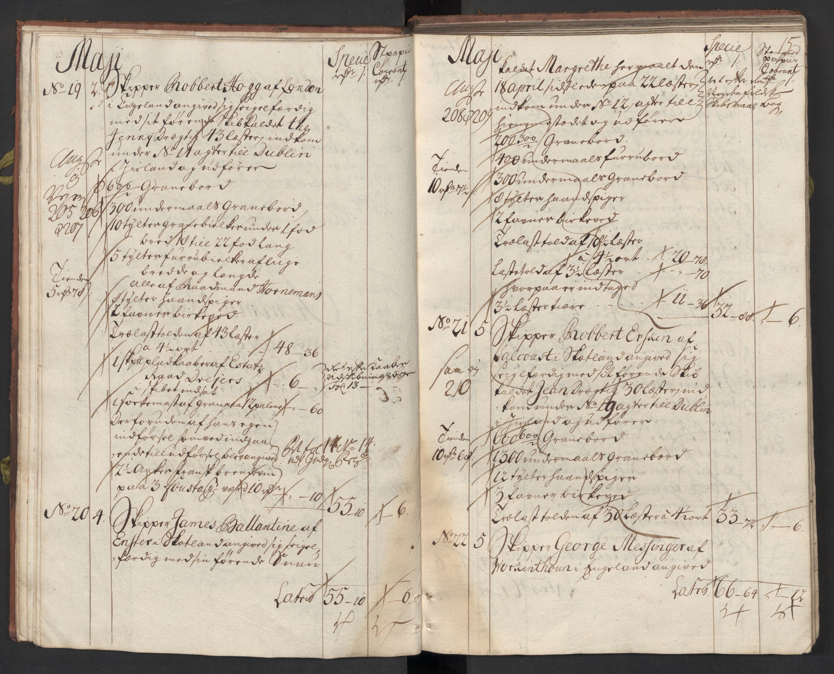 Generaltollkammeret, tollregnskaper, AV/RA-EA-5490/R33/L0015/0002: Tollregnskaper Trondheim A / Utgående tollbok, 1733, s. 14b-15a