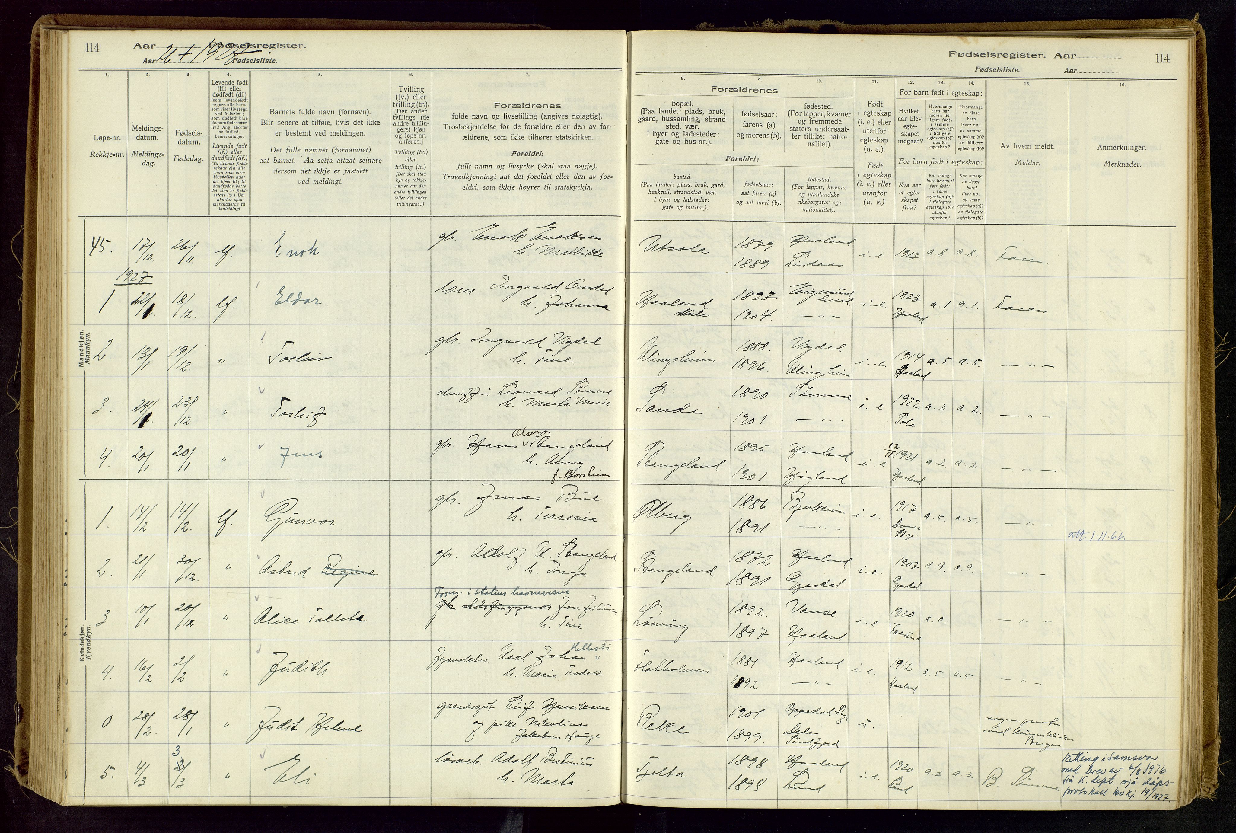 Håland sokneprestkontor, AV/SAST-A-101802/001/704BA/L0001: Fødselsregister nr. 1, 1916-1936, s. 114