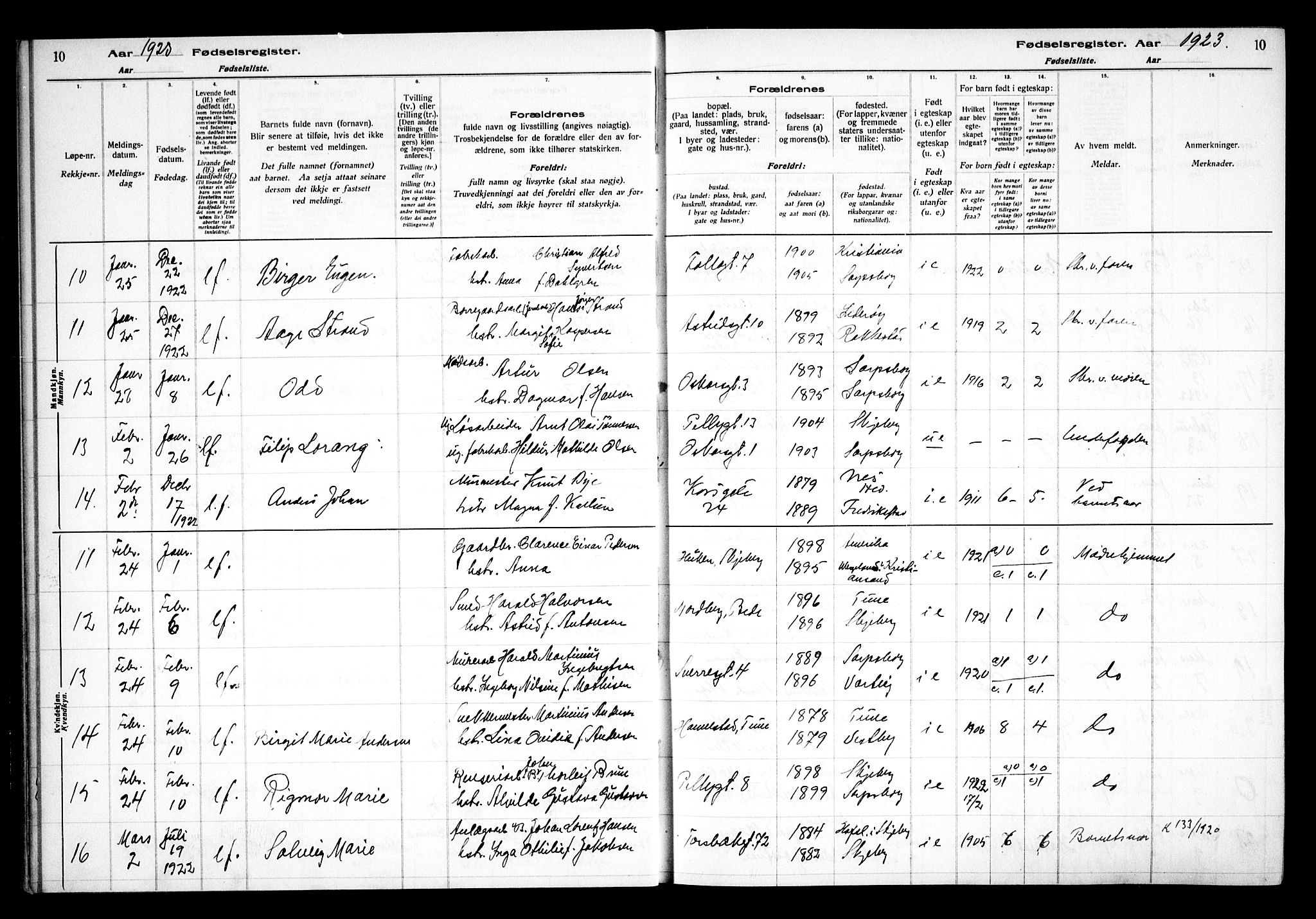 Sarpsborg prestekontor Kirkebøker, AV/SAO-A-2006/J/Ja/L0002: Fødselsregister nr. 2, 1922-1928, s. 10