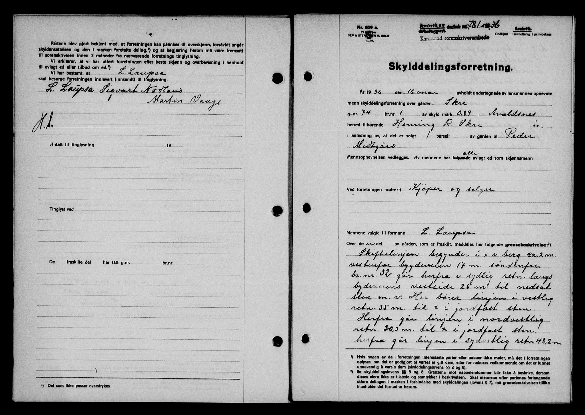 Karmsund sorenskriveri, SAST/A-100311/01/II/IIB/L0066: Pantebok nr. 47A, 1936-1936, Dagboknr: 781/1936