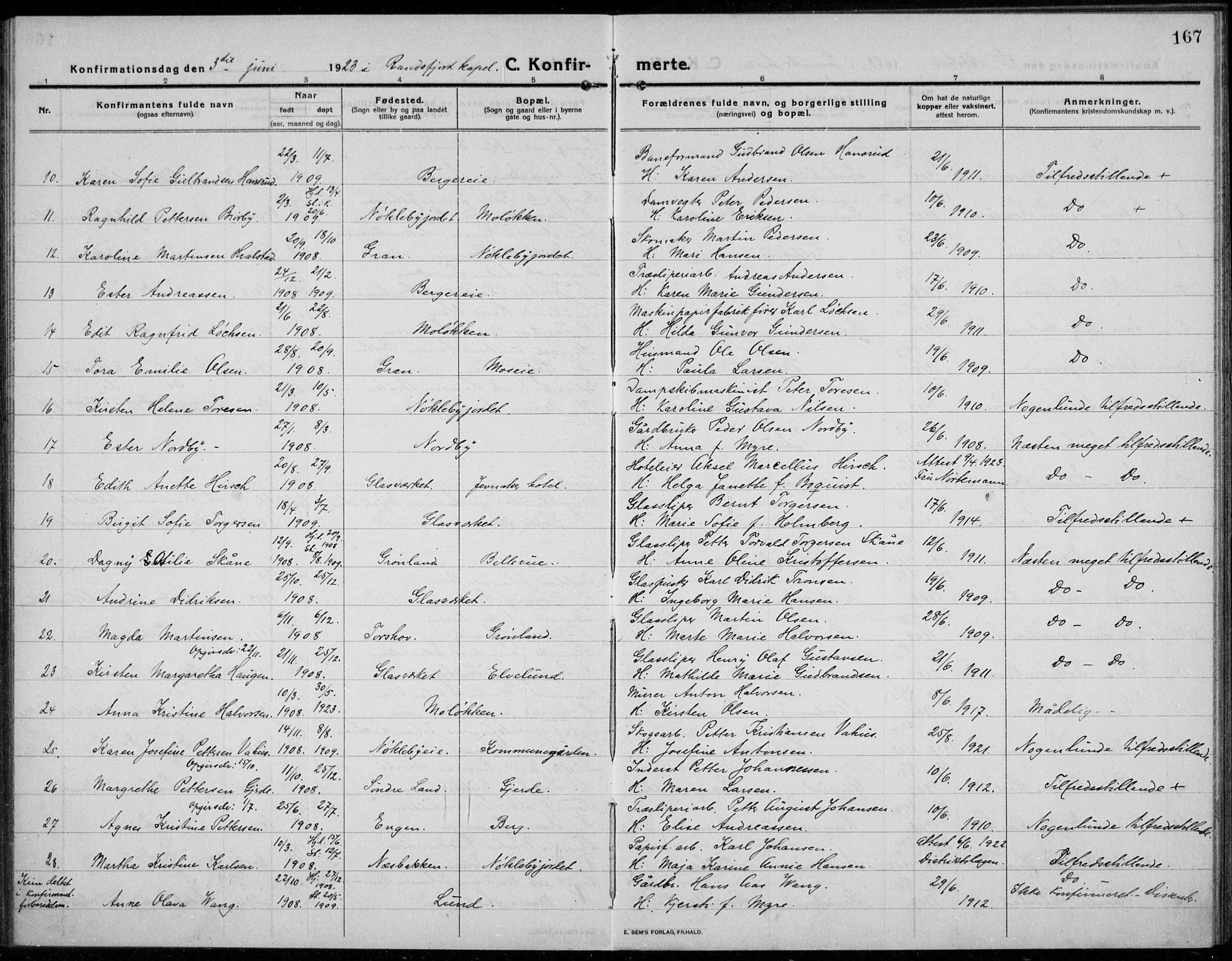 Jevnaker prestekontor, AV/SAH-PREST-116/H/Ha/Haa/L0012: Ministerialbok nr. 12, 1914-1924, s. 167